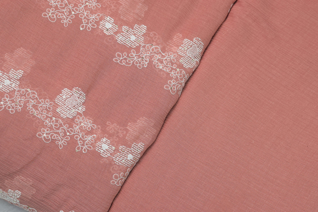 Peach Floral Embroidered Crushed Georgette Fabric – 44 Inches Width | Lightweight Designer Dress Material - View 2 - Floral Embroidered - Nushio