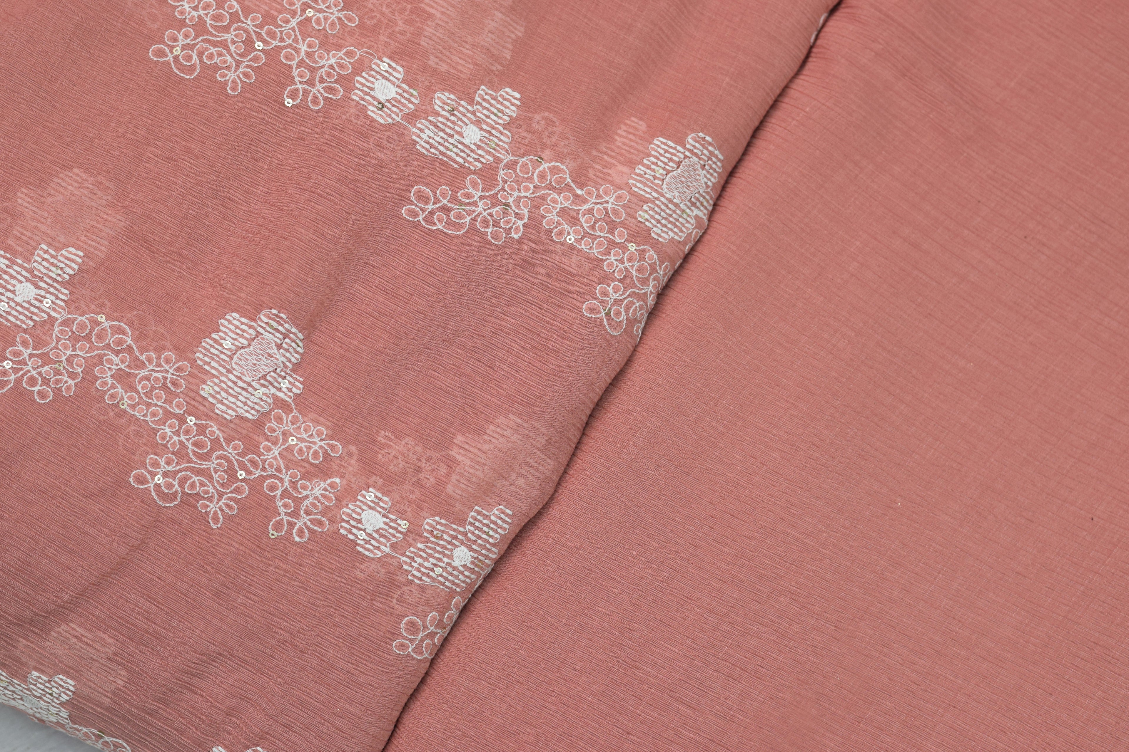 Peach Floral Embroidered Crushed Georgette Fabric – 44 Inches Width | Lightweight Designer Dress Material - View 2 - Floral Embroidered - Nushio