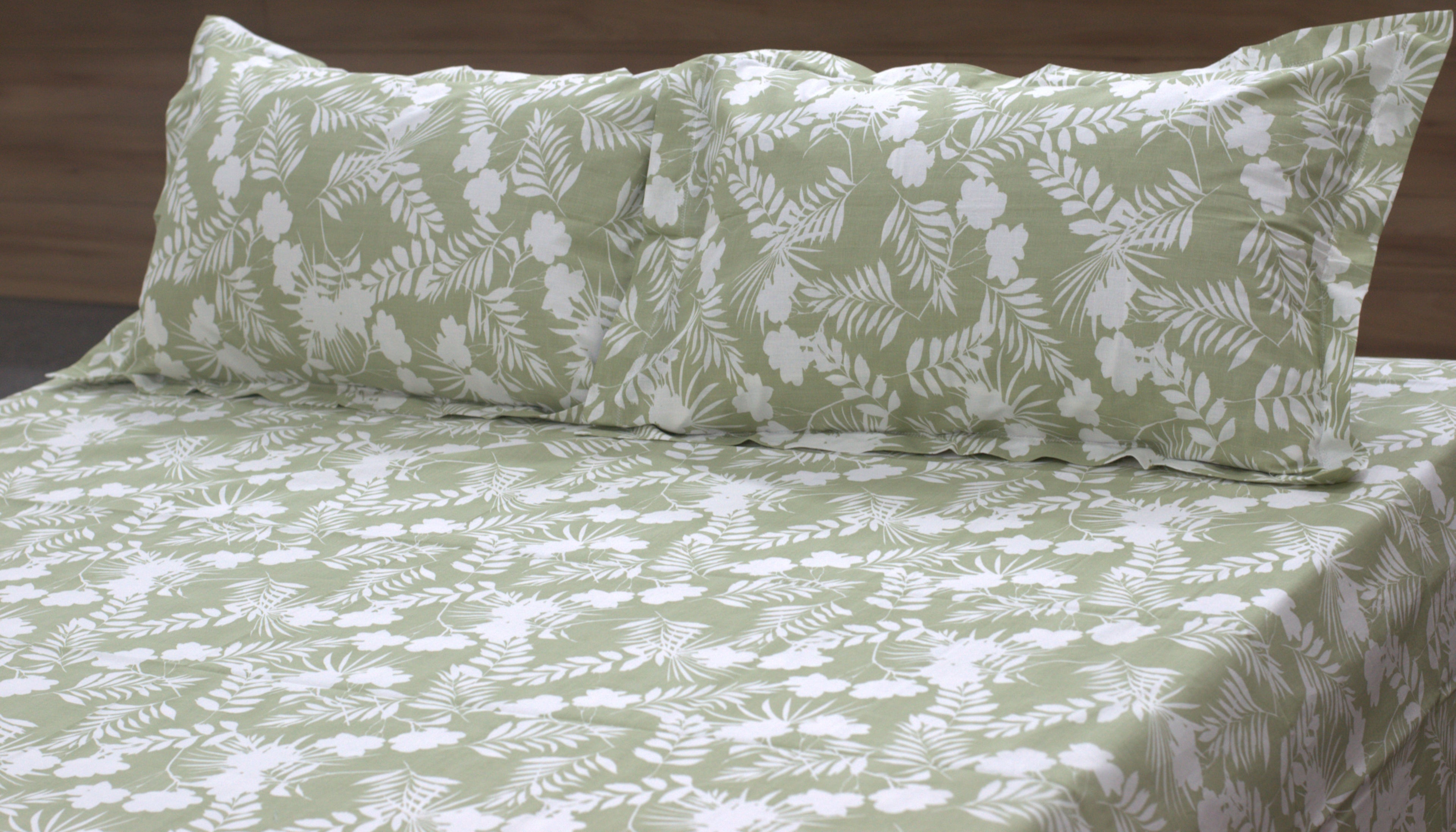 Olive Green Floral Queen Size Bedsheet with Pillow Covers – Cotton Bed Sheet Set