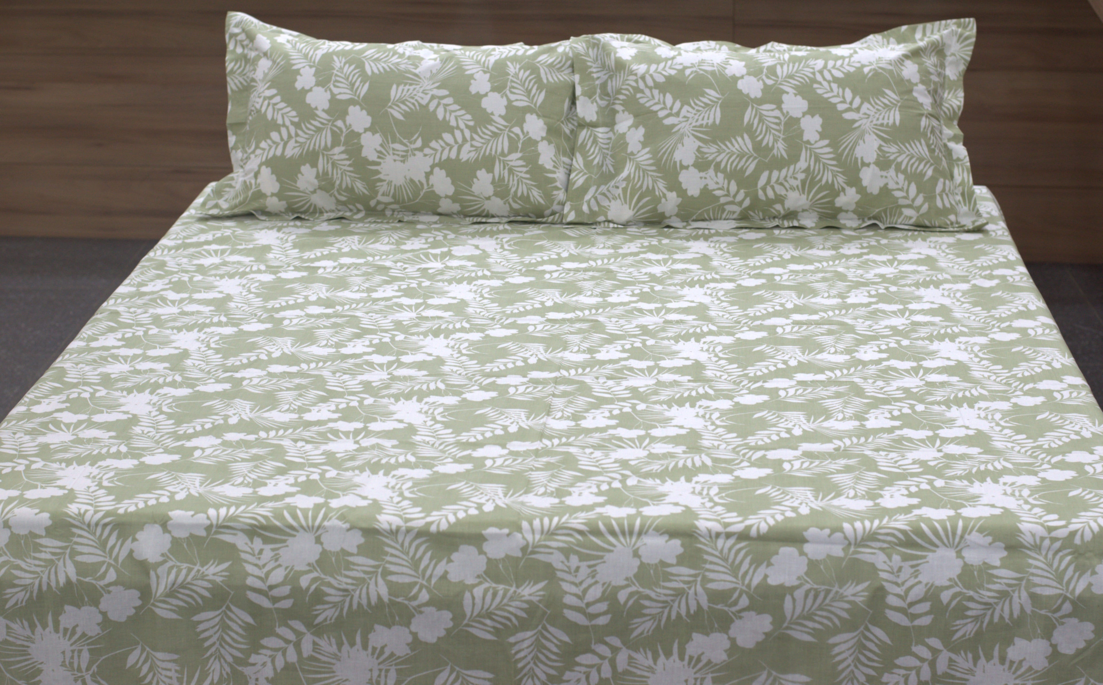 Olive Green Floral Queen Size Bedsheet with Pillow Covers – Cotton Bed Sheet Set
