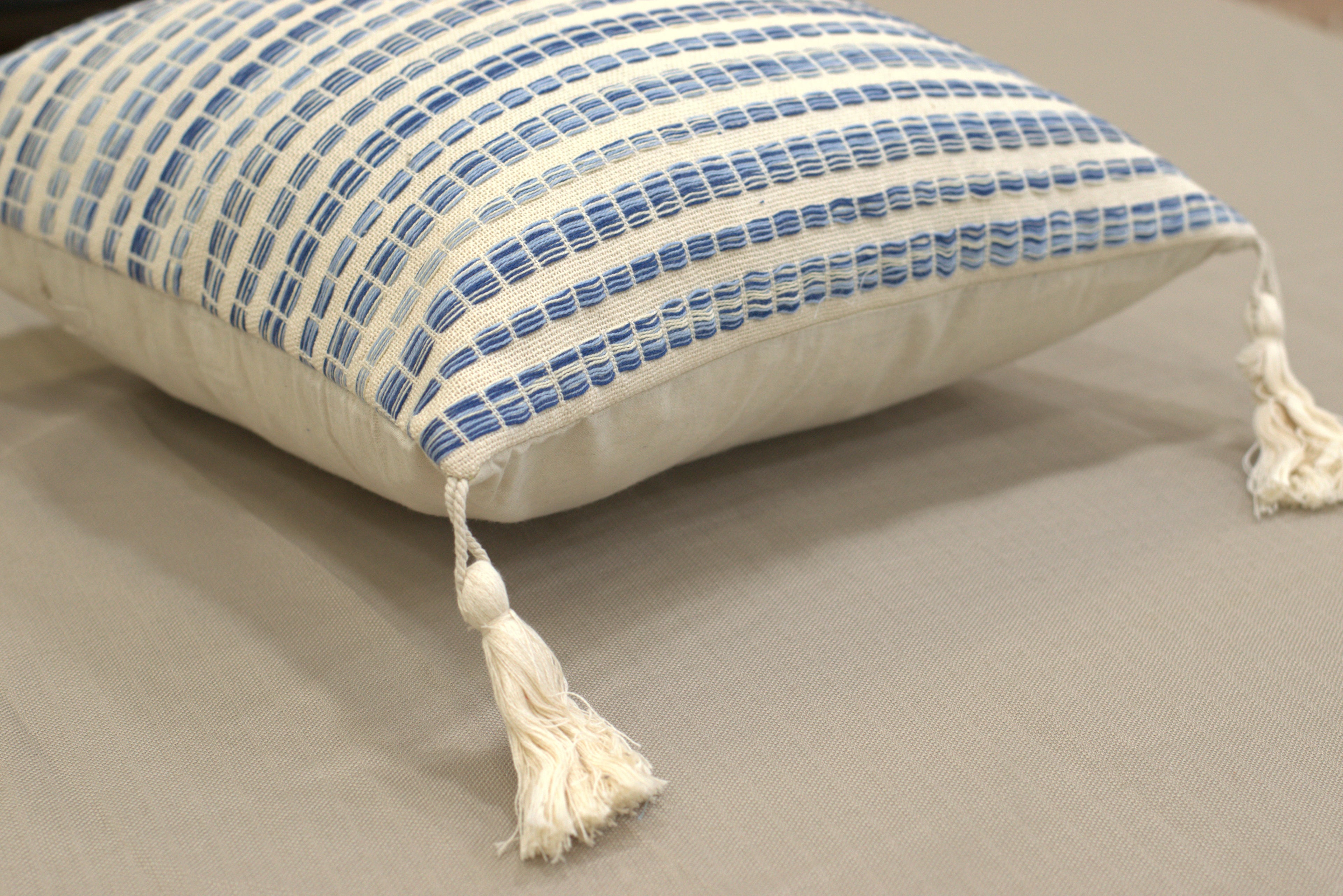 Blue & Beige Striped Cushion Cover Set (16x16 Inches) - View 3 - Nushio