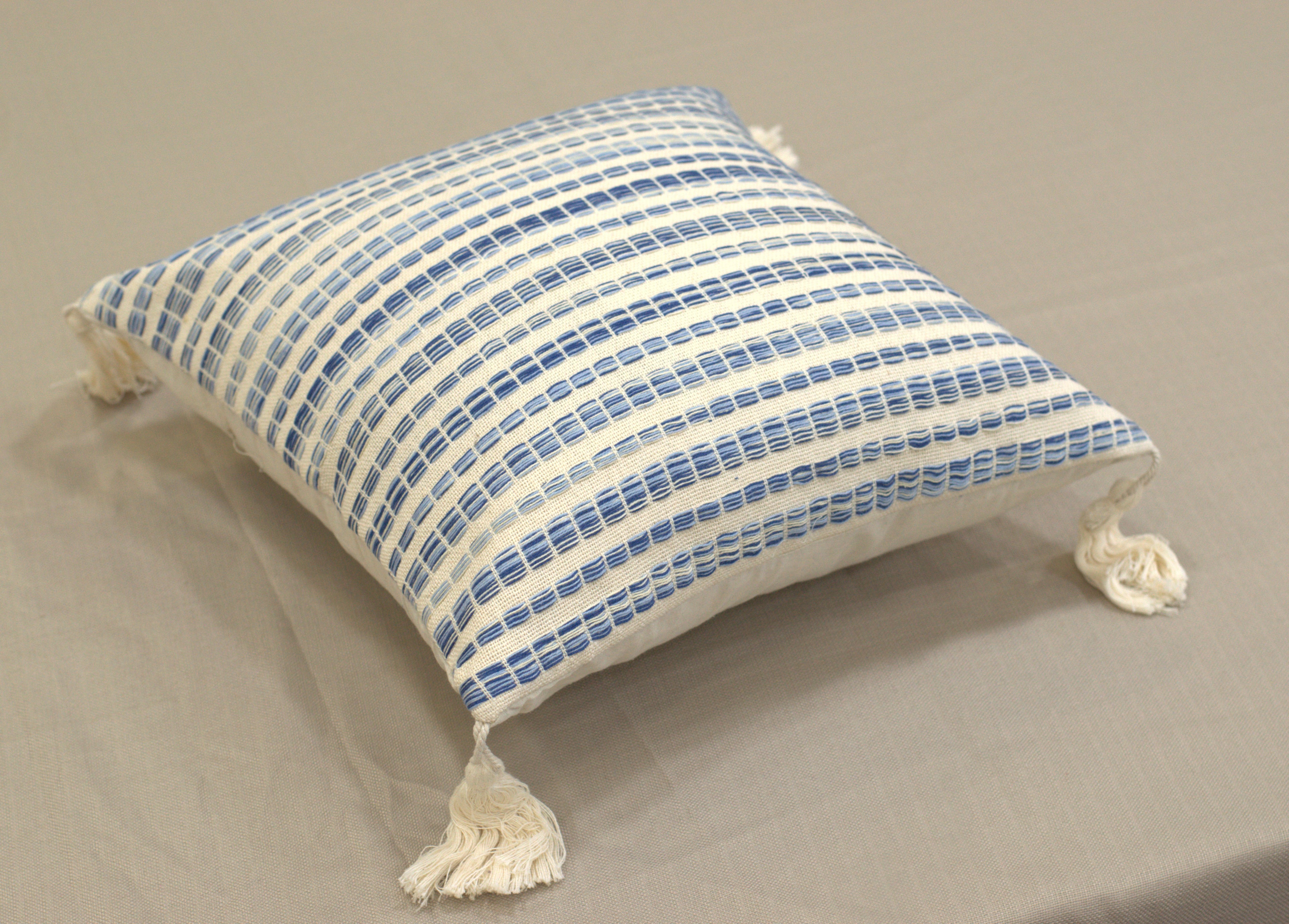 Blue & Beige Striped Cushion Cover Set (16x16 Inches) - View 2 - Nushio