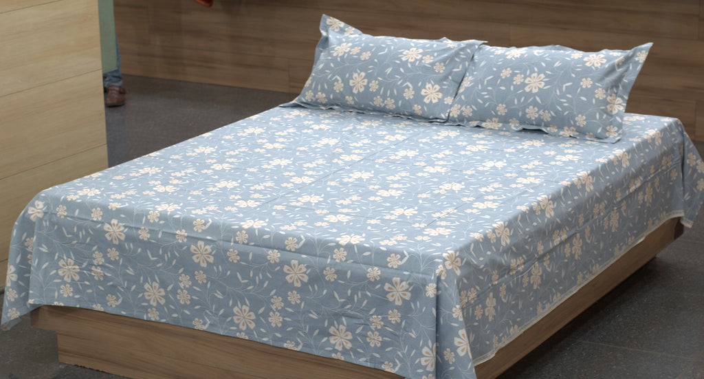 Queen Size Blue Floral Cotton Bedsheet with 2 Pillow Covers – Soft Breathable Printed Bed Sheet Set