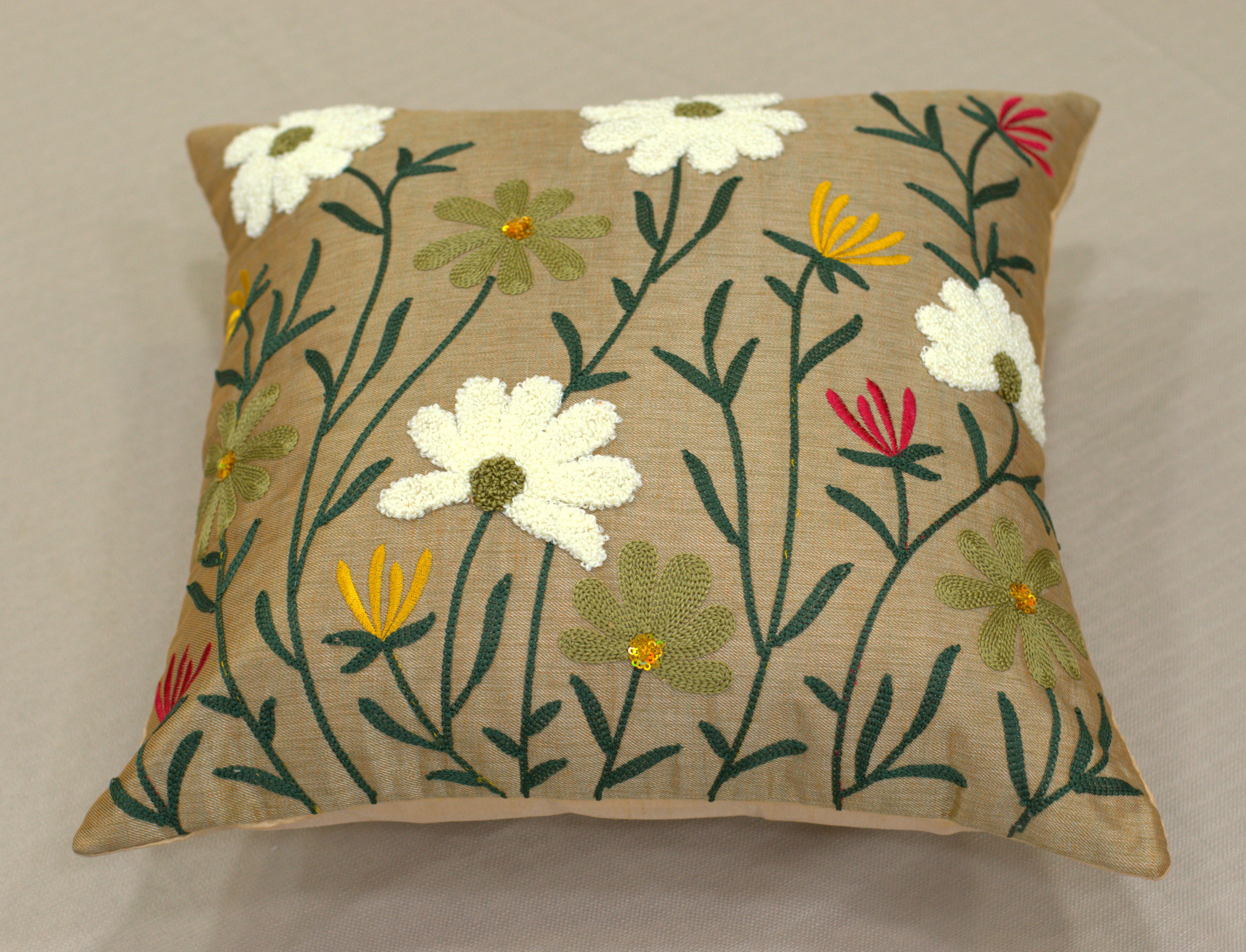Set of 5 Floral Embroidered Cushion Covers (16x16 Inch) – Elegant Decorative Pillow Covers