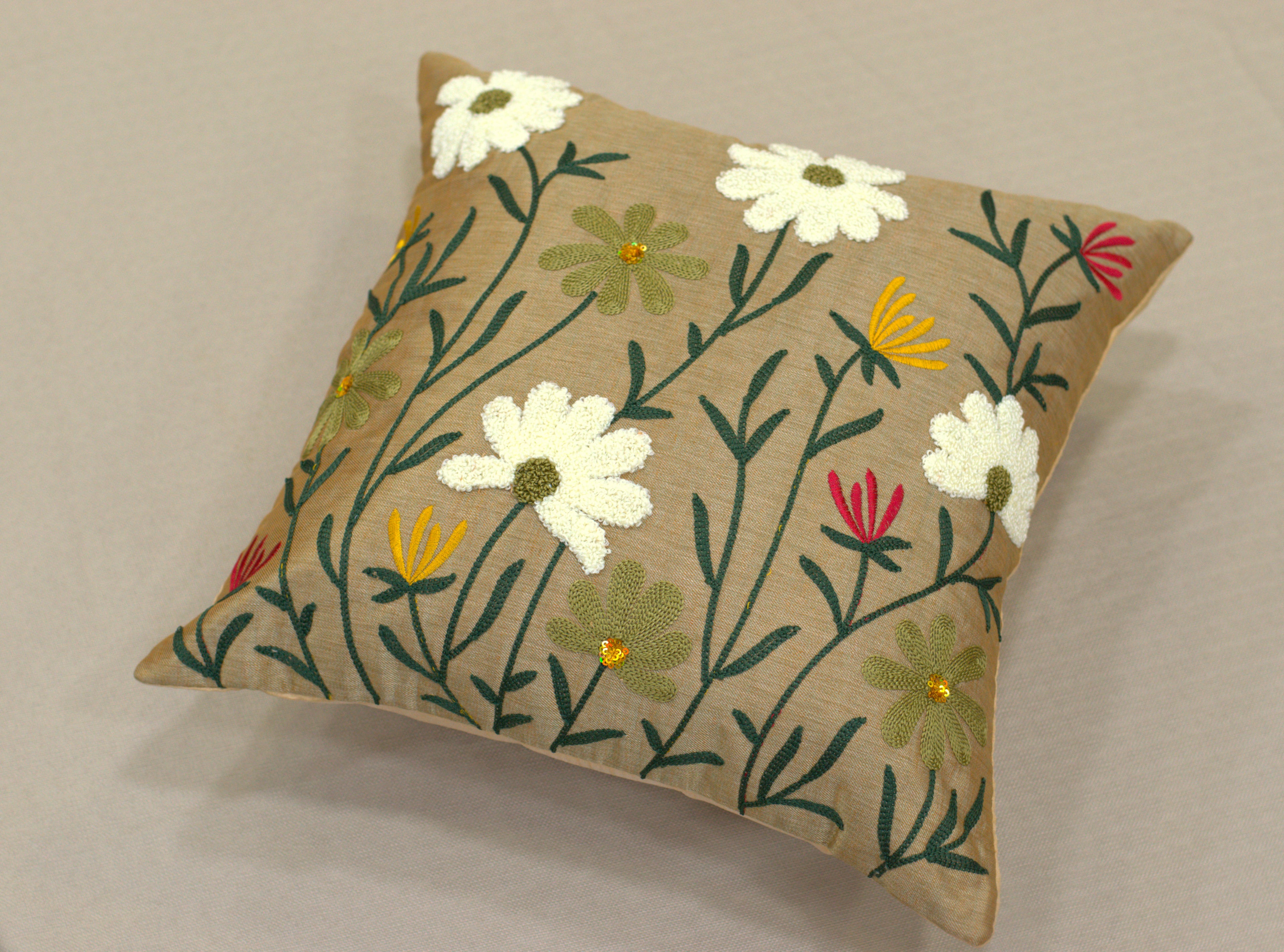Set of 5 Floral Embroidered Cushion Covers (16x16 Inch) – Elegant Decorative Pillow Covers