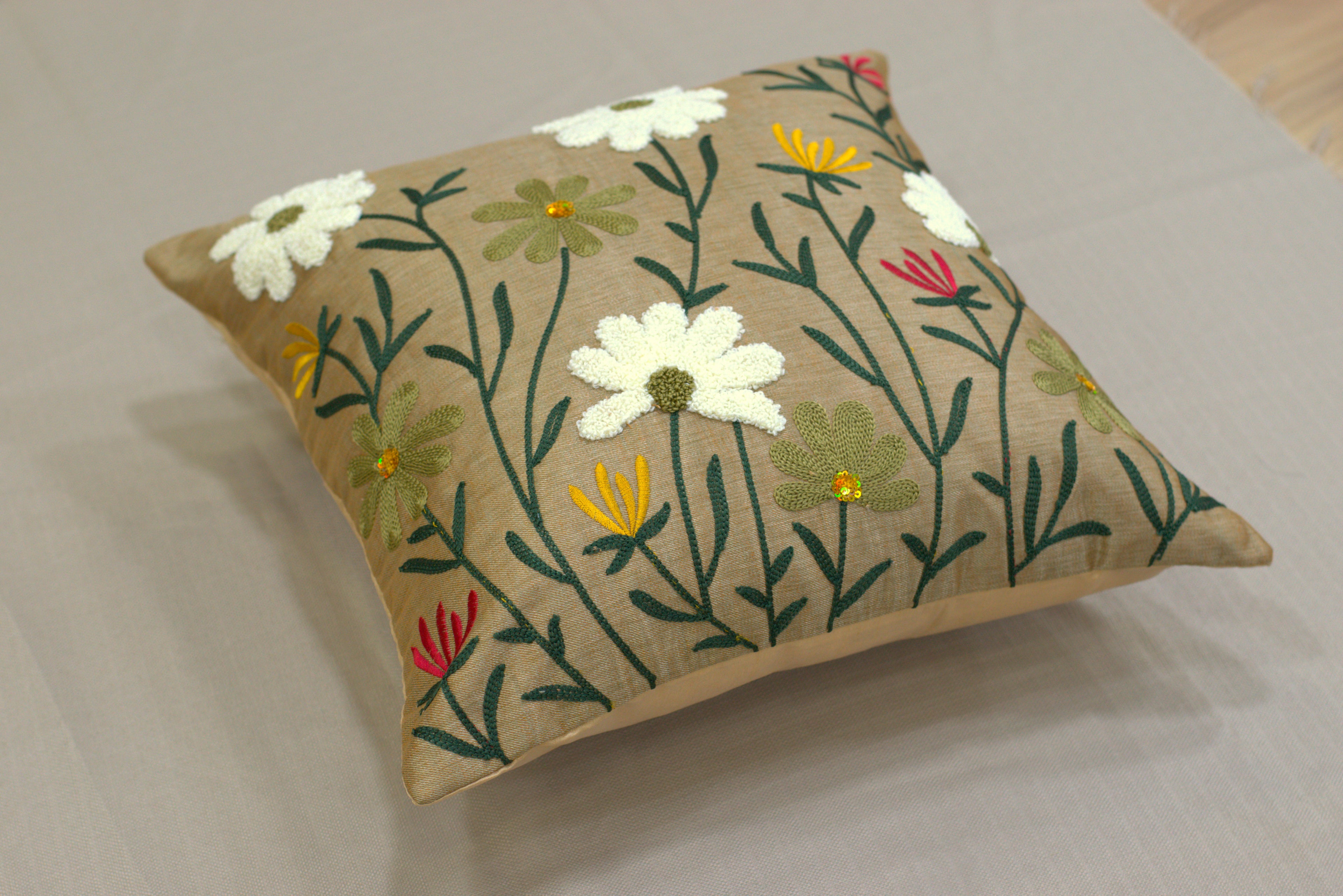 Set of 5 Floral Embroidered Cushion Covers (16x16 Inch) – Elegant Decorative Pillow Covers