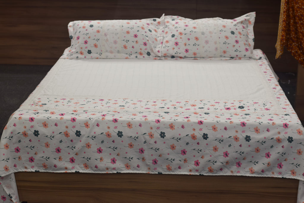 Queen Size White Hakoba Cotton Bedsheet with Floral Print Border (240x240 cm)