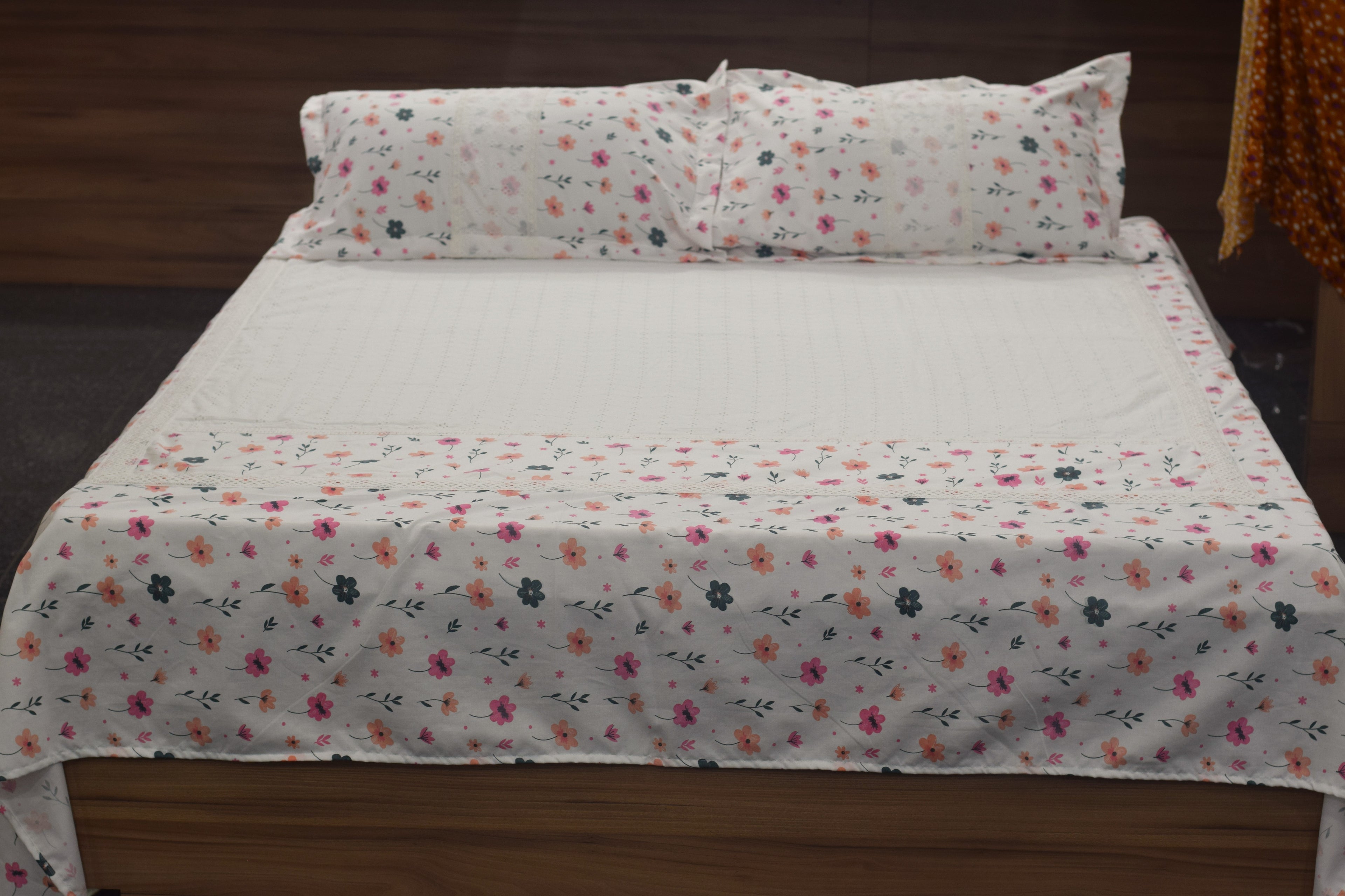 Queen Size White Hakoba Cotton Bedsheet with Floral Print Border (240x240 cm)