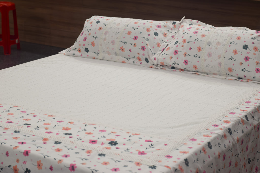 Queen Size White Hakoba Cotton Bedsheet with Floral Print Border (240x240 cm)