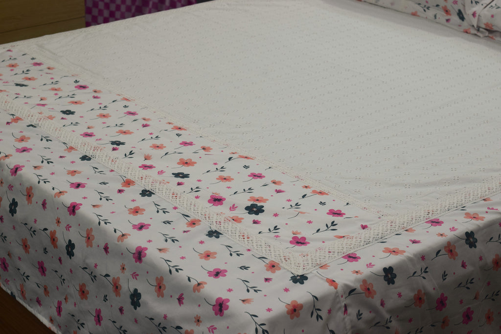 Queen Size White Hakoba Cotton Bedsheet with Floral Print Border (240x240 cm)
