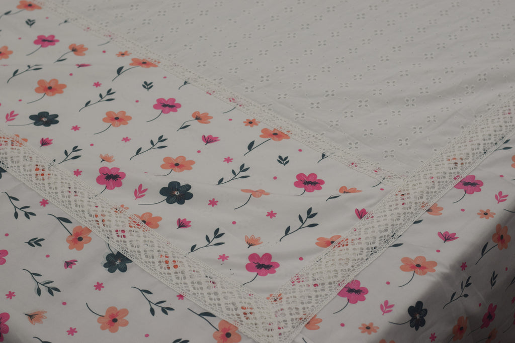 Queen Size White Hakoba Cotton Bedsheet with Floral Print Border (240x240 cm)