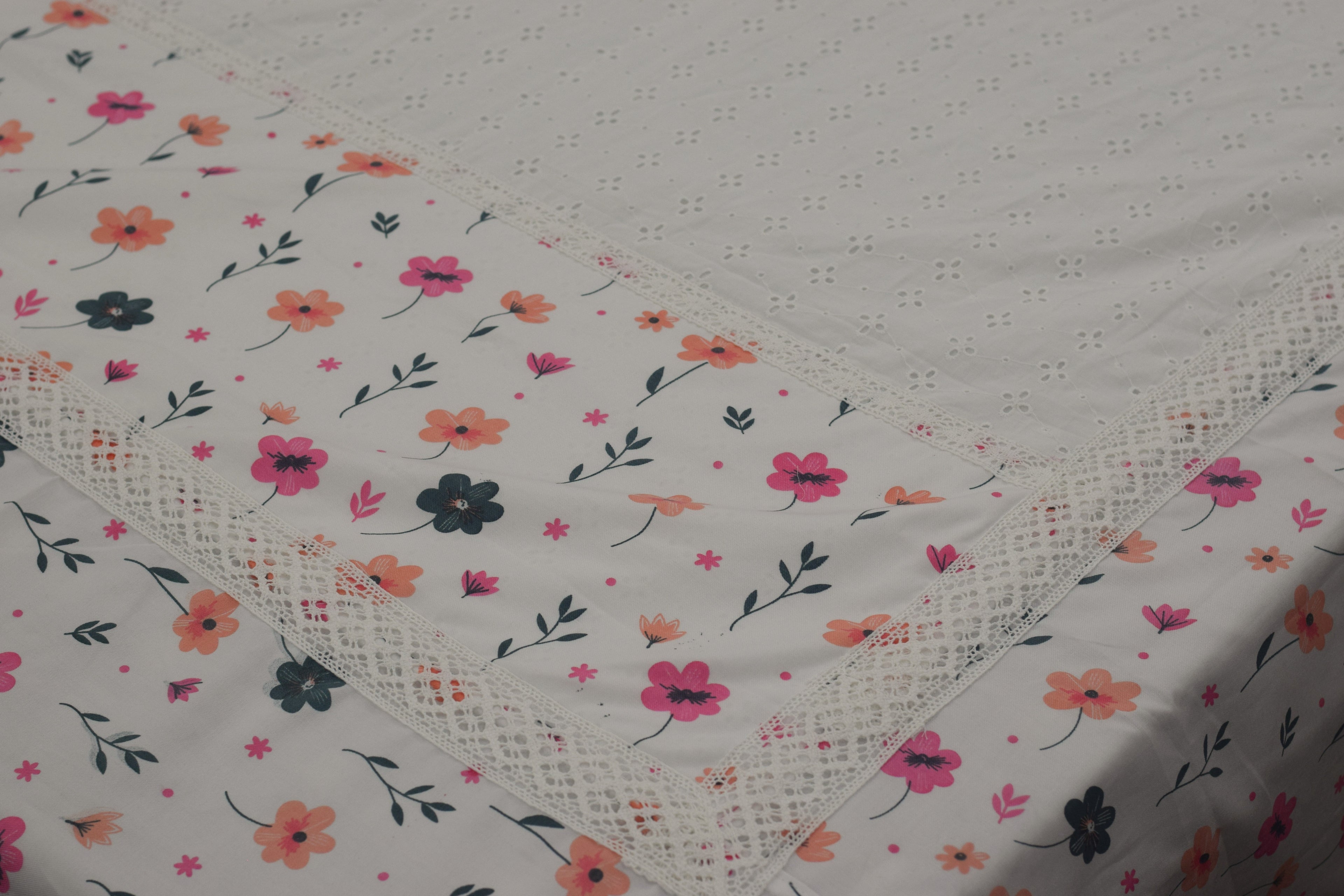 Queen Size White Hakoba Cotton Bedsheet with Floral Print Border (240x240 cm)