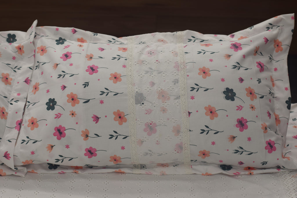 Queen Size White Hakoba Cotton Bedsheet with Floral Print Border (240x240 cm)