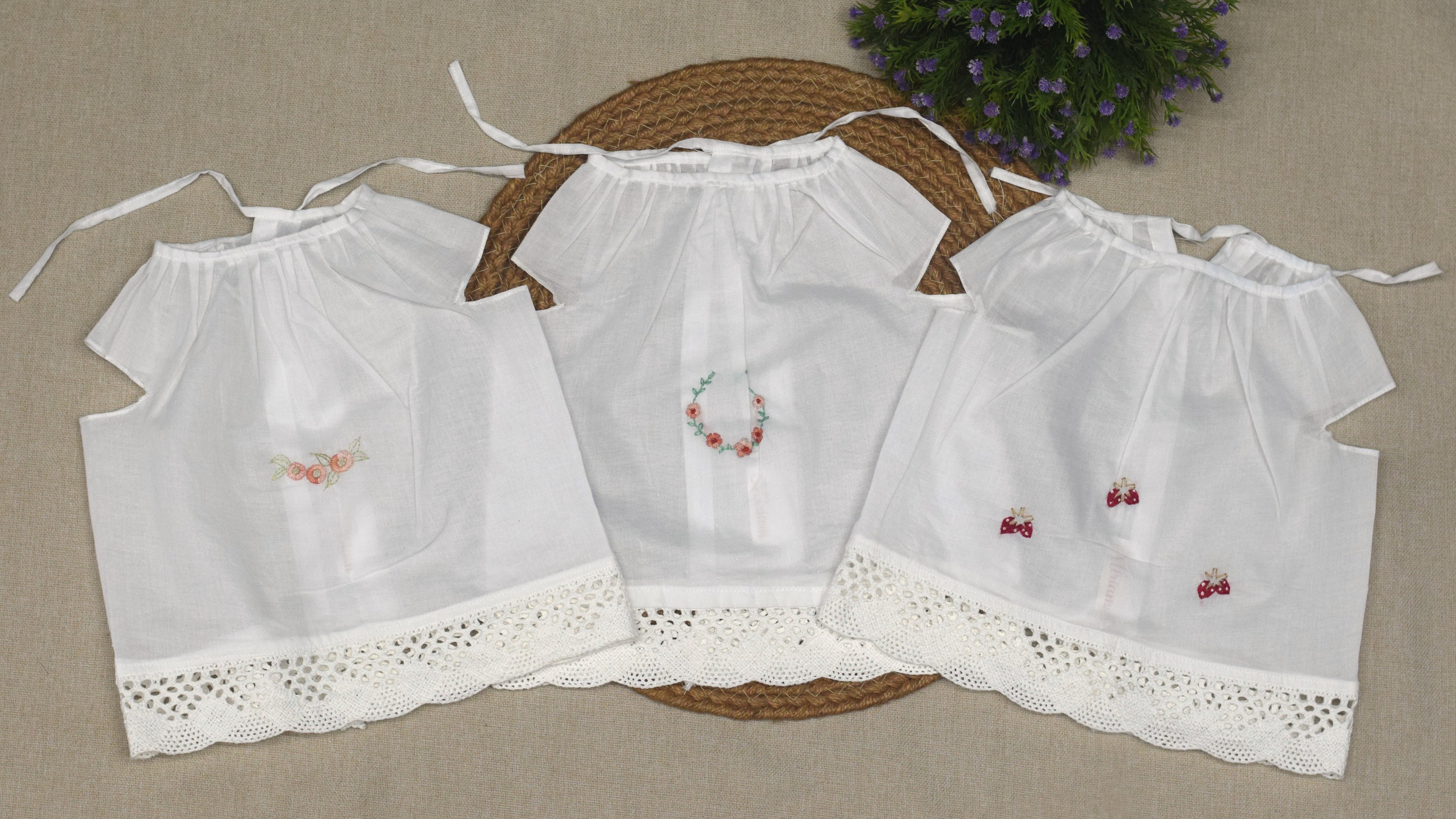 Kids Kerala Kettuduppu  – White Cotton with 3 Color Hand Embroidery & Lace Border