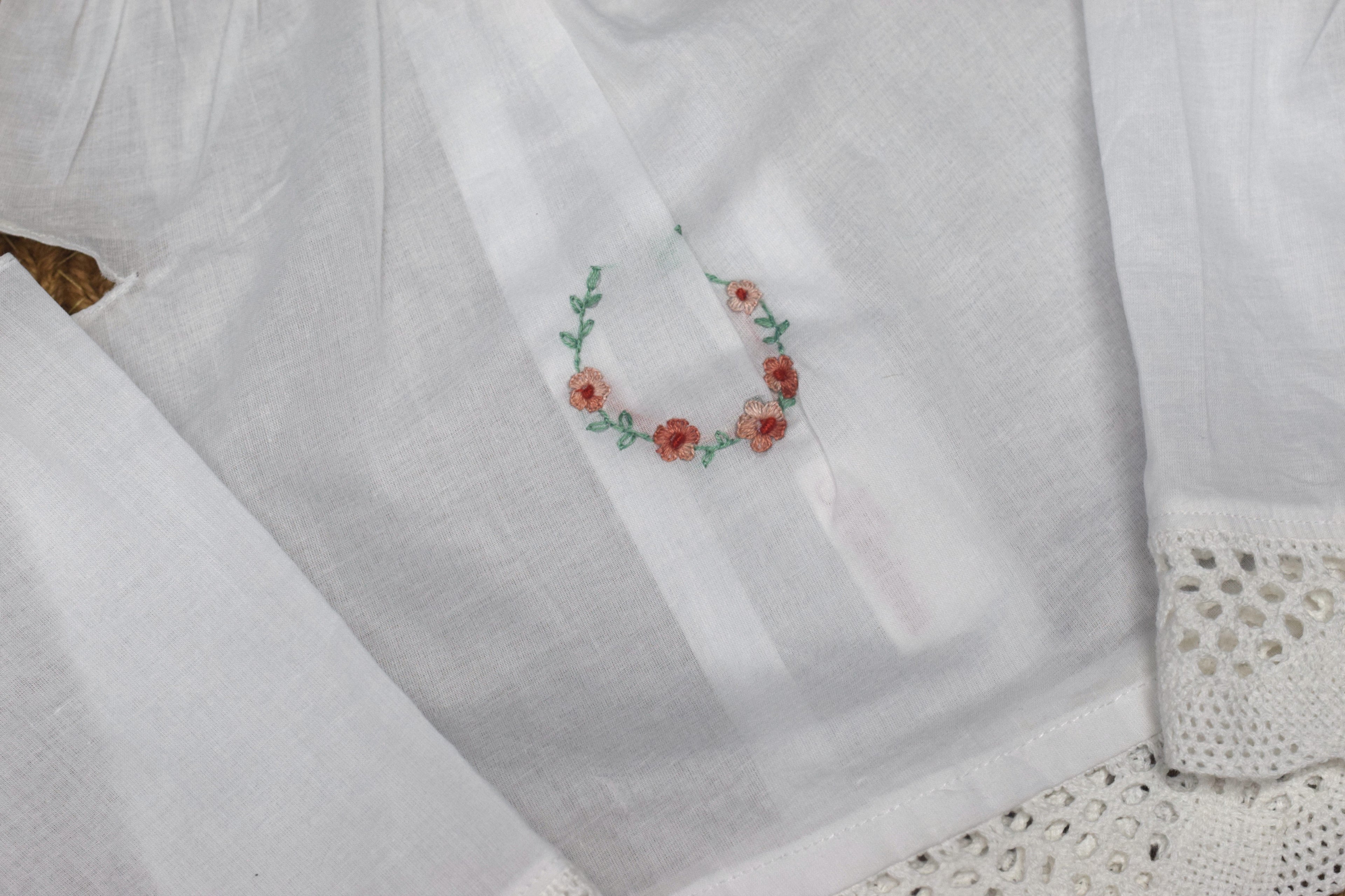 Kids Kerala Kettuduppu  – White Cotton with 3 Color Hand Embroidery & Lace Border