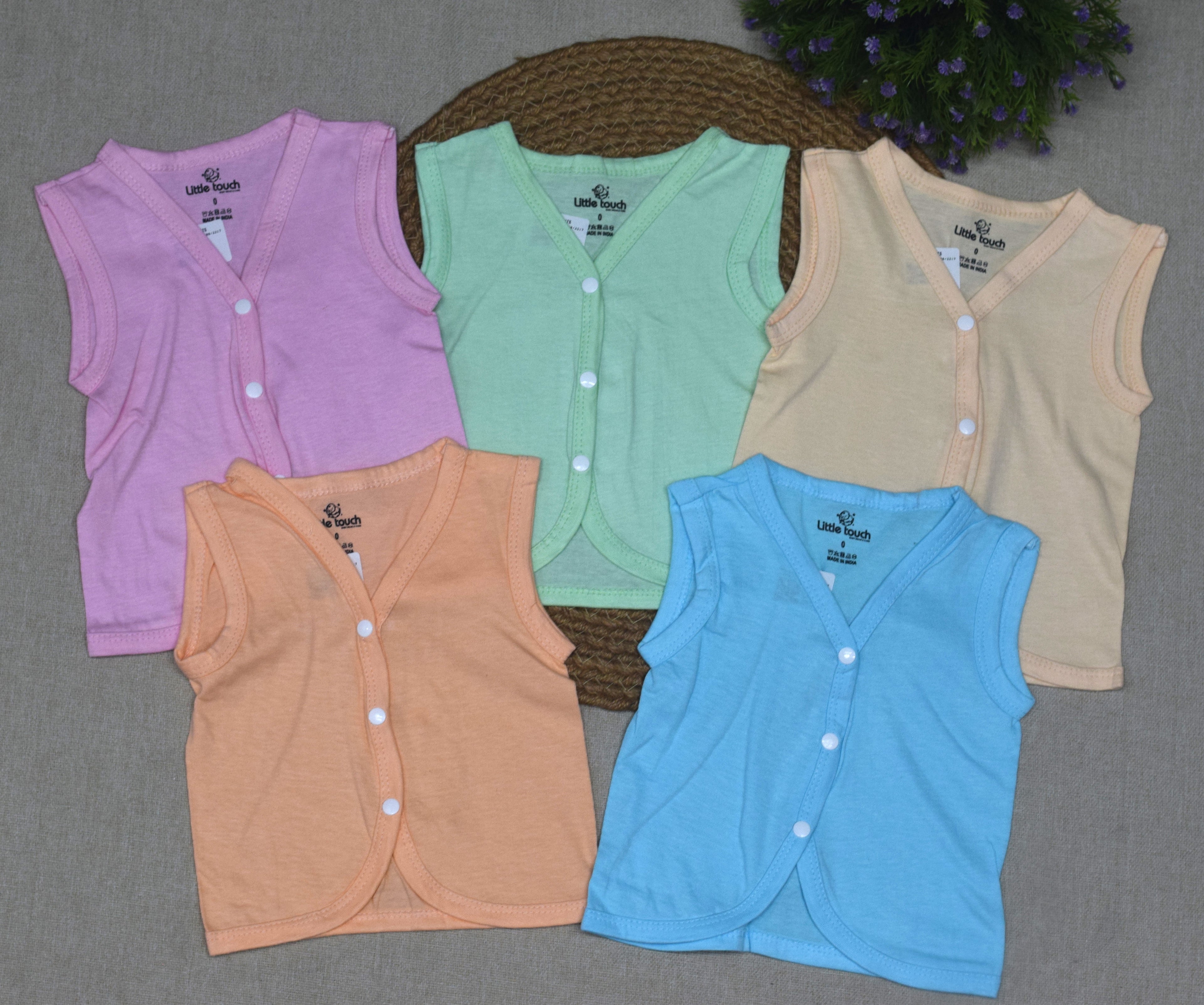 Kettuduppu Baby Vest Set – 5 Soft Cotton Sleeveless Front Open Tops (Multi-Color Pack)