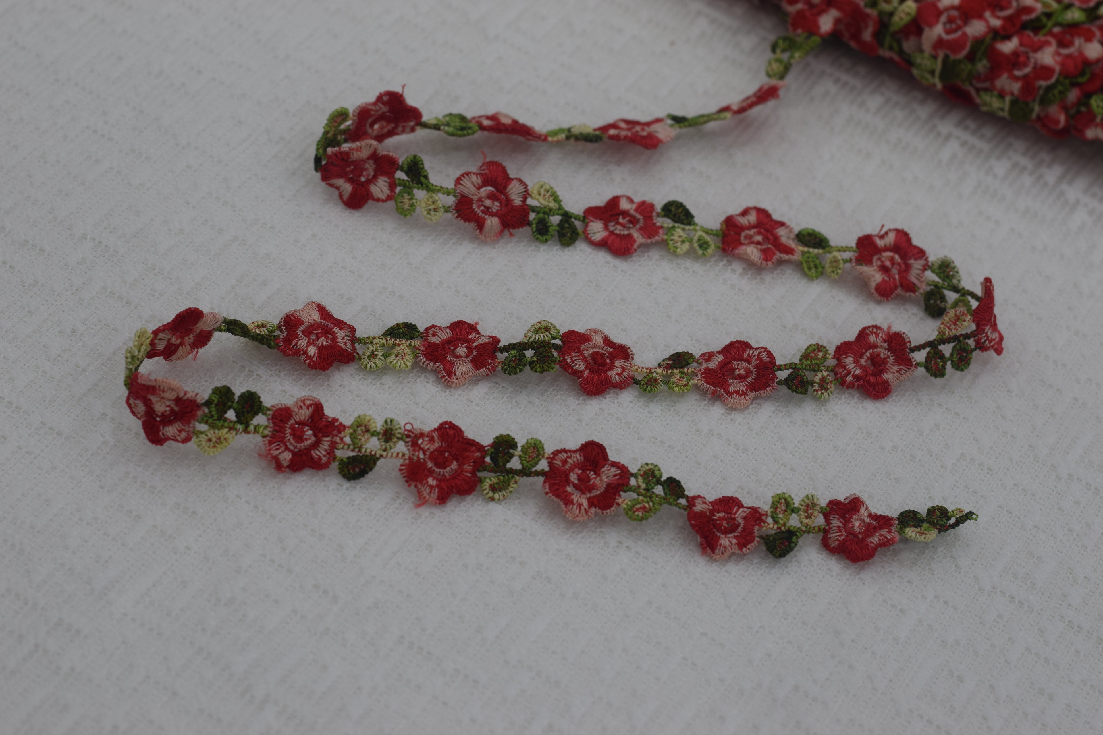 Premium Imported Floral Lace Trim – Red & Green Embroidered Designer Lace