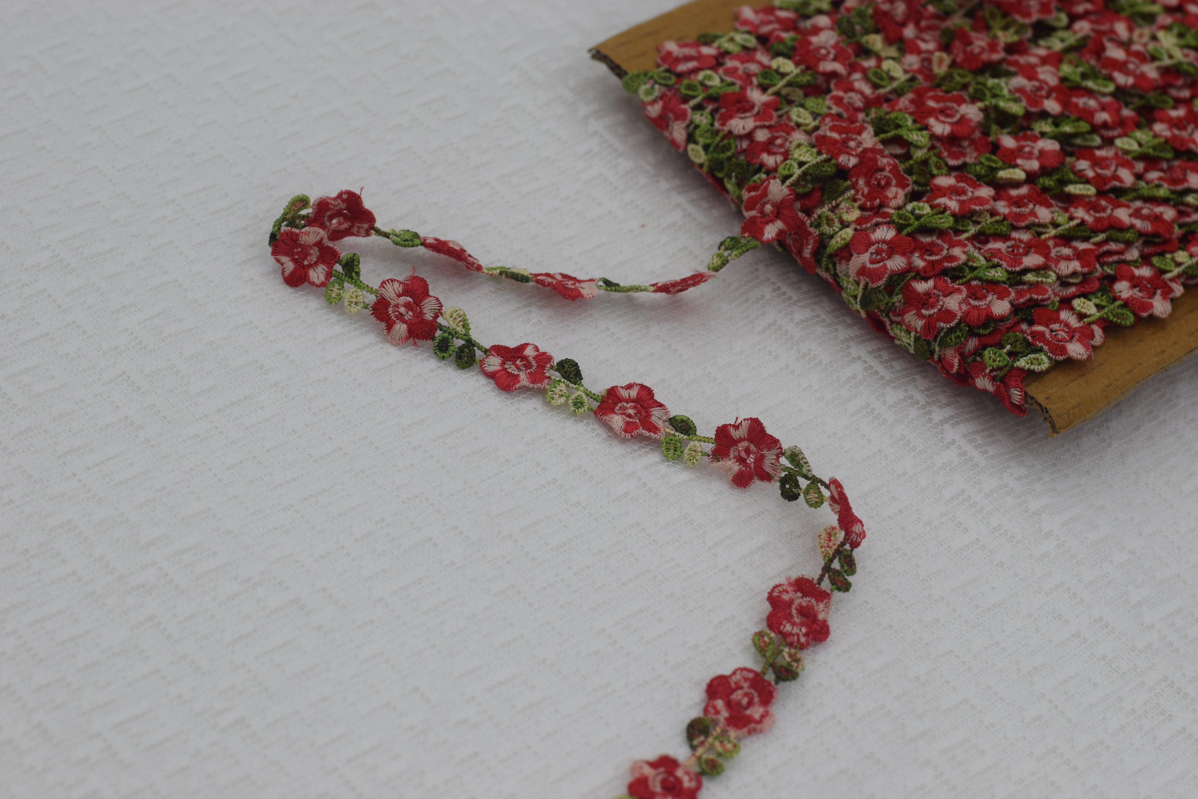 Premium Imported Floral Lace Trim – Red & Green Embroidered Designer Lace