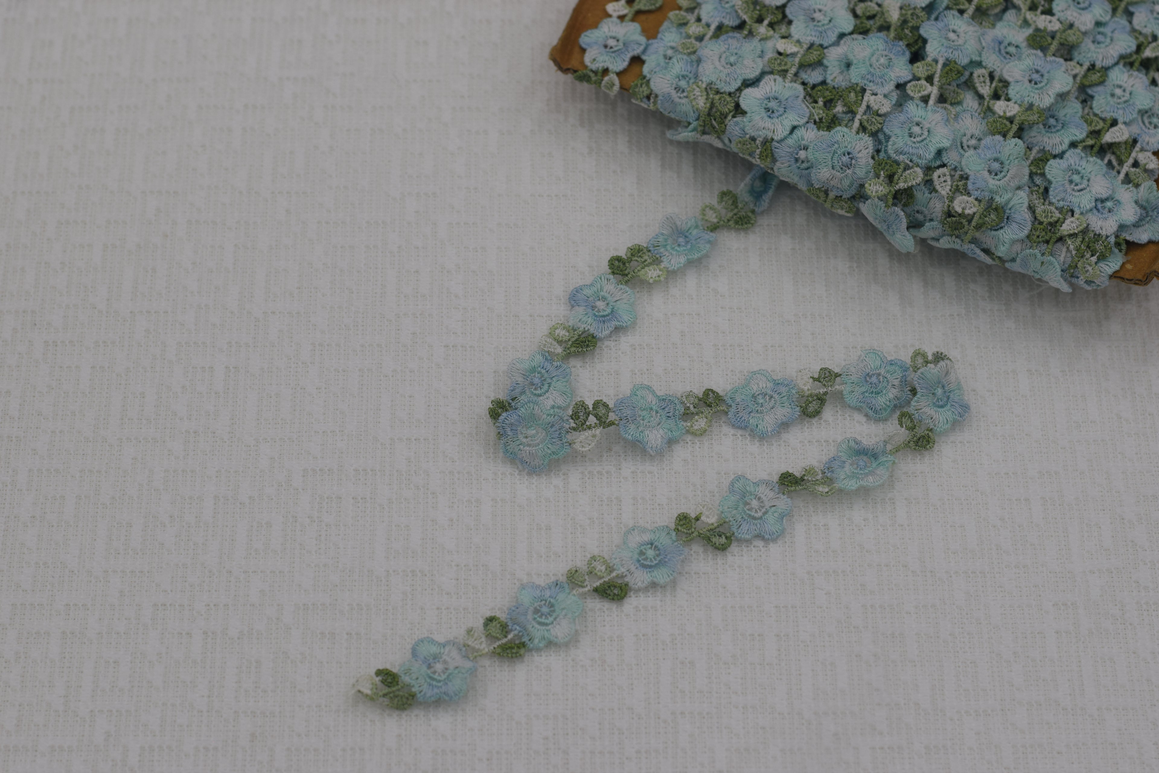 Imported Floral Embroidered Lace Trim – Sky Blue & Green Vine Design