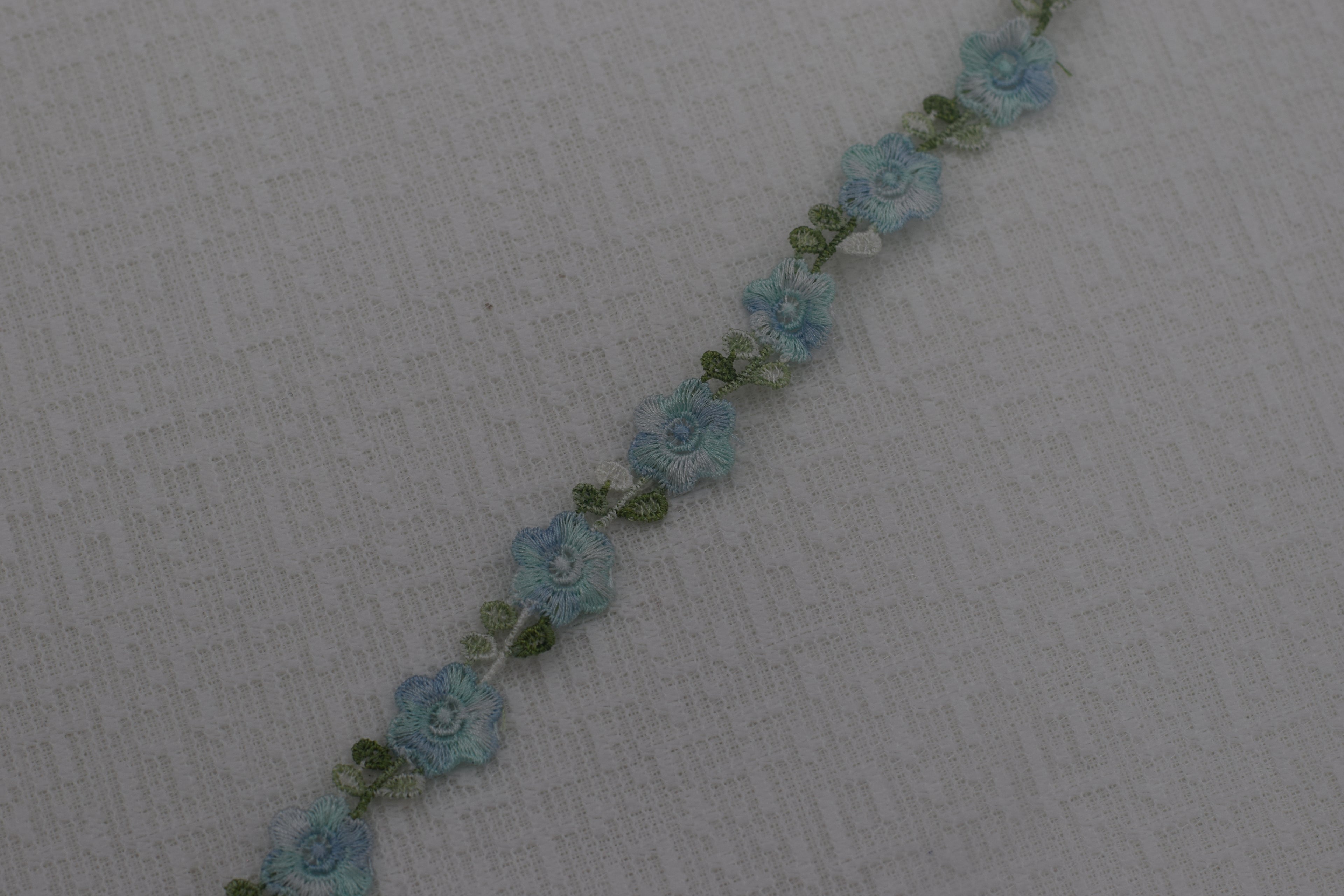 Imported Floral Embroidered Lace Trim – Sky Blue & Green Vine Design