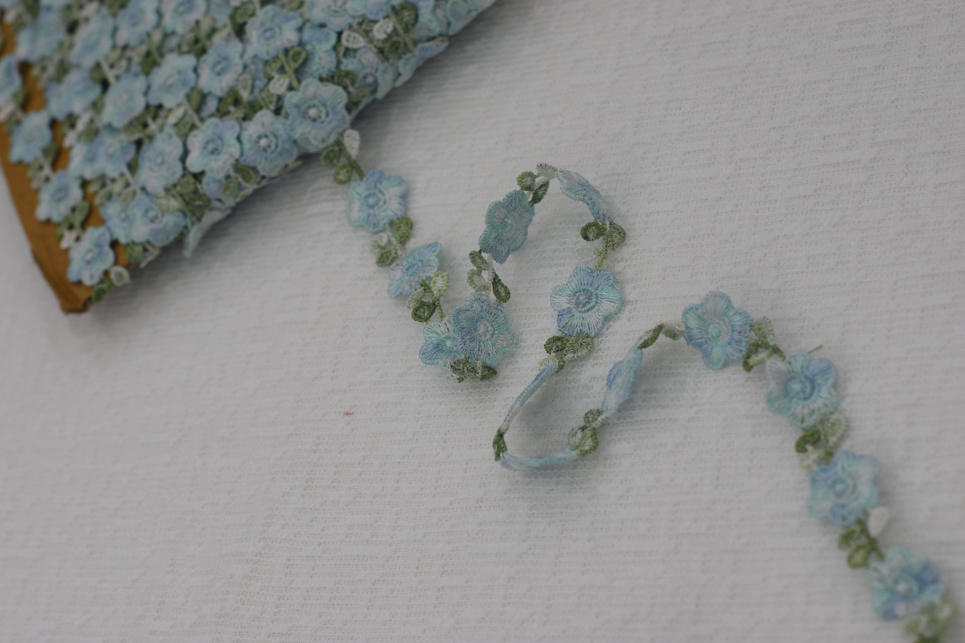 Imported Floral Embroidered Lace Trim – Sky Blue & Green Vine Design