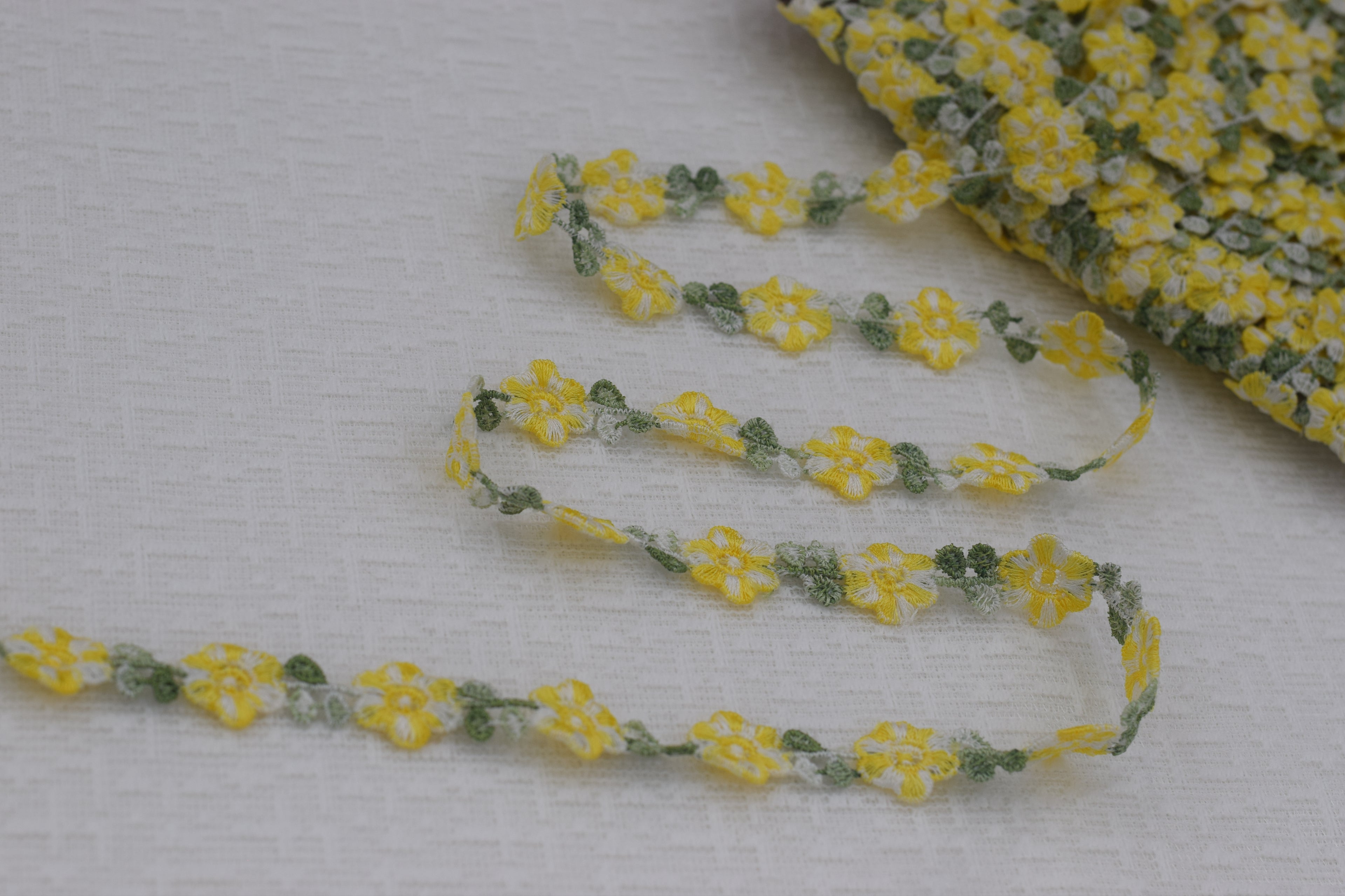 Imported Floral Embroidered Lace Trim – Yellow & Green Daisy Design