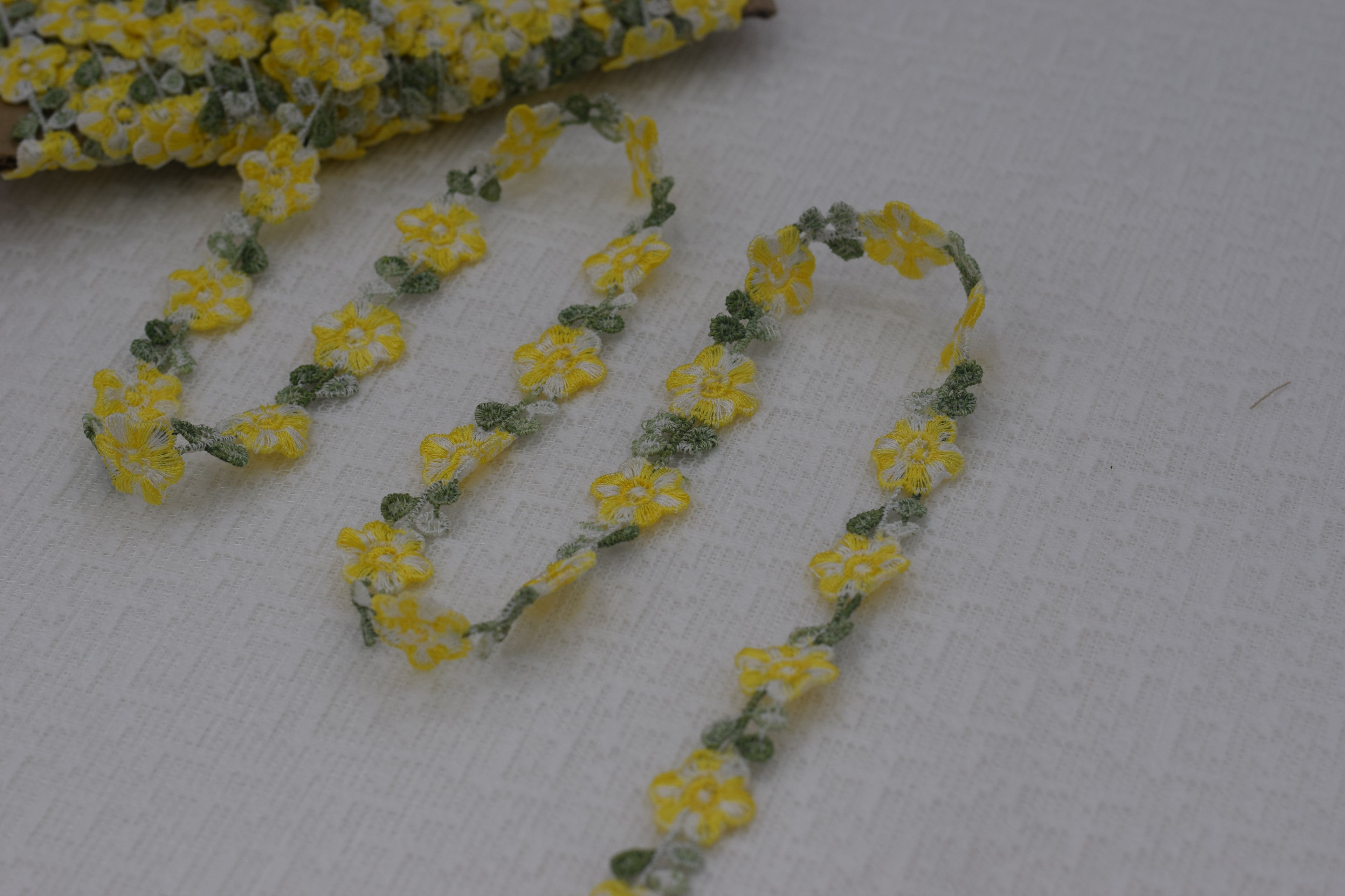 Imported Floral Embroidered Lace Trim – Yellow & Green Daisy Design