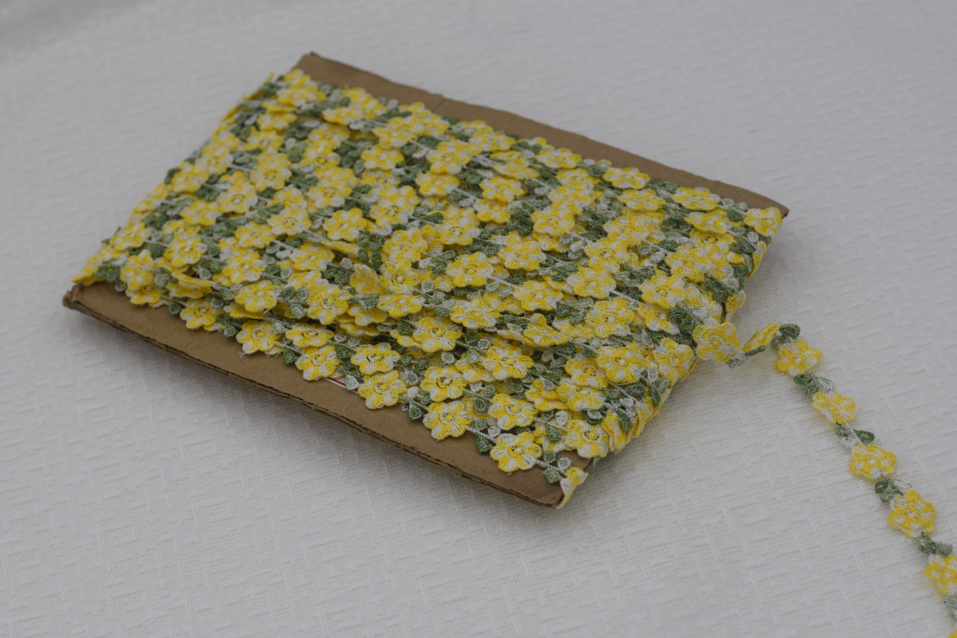Imported Floral Embroidered Lace Trim – Yellow & Green Daisy Design