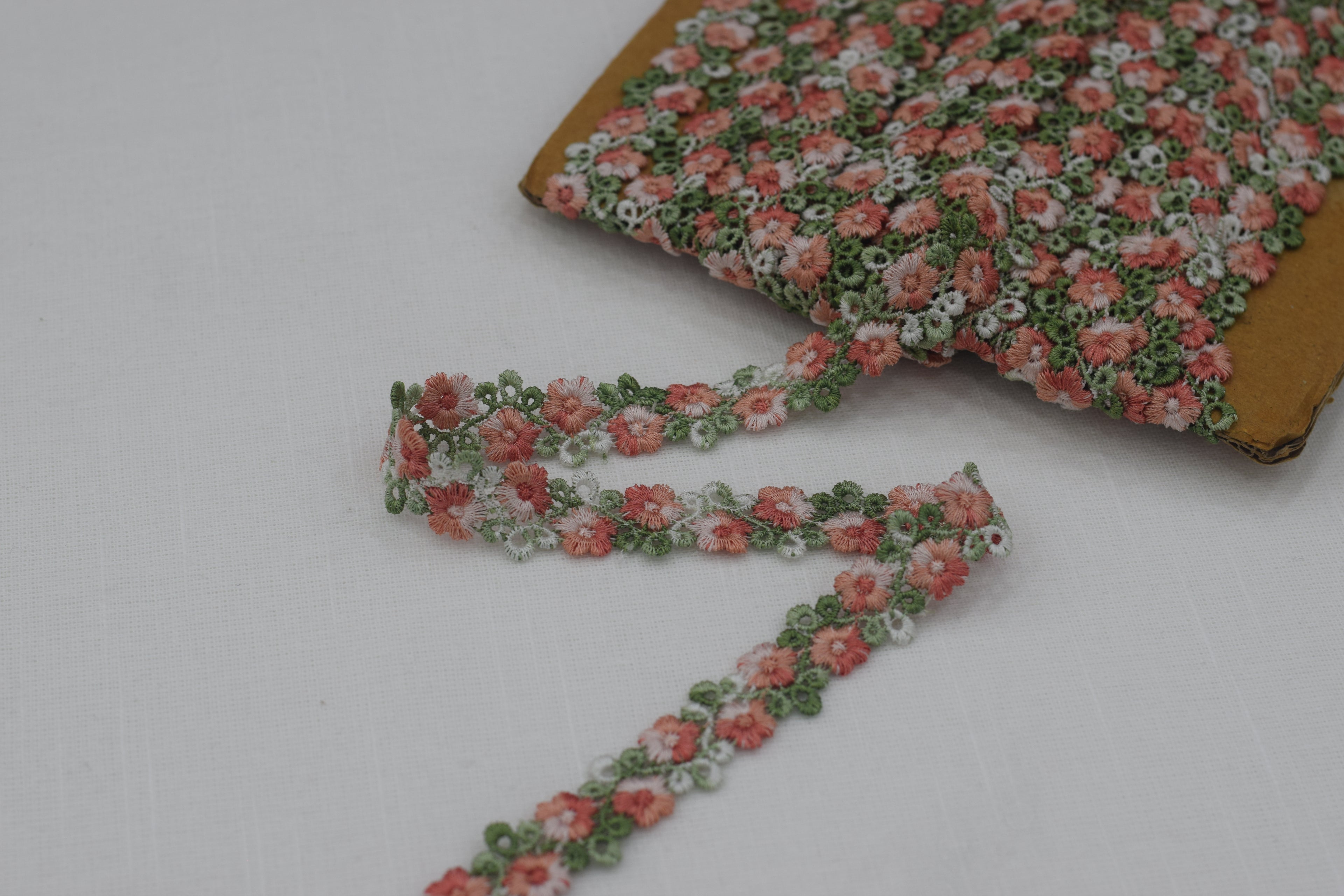 Imported Floral Crochet Lace Trim – Peach & Green Embroidered Designer Border