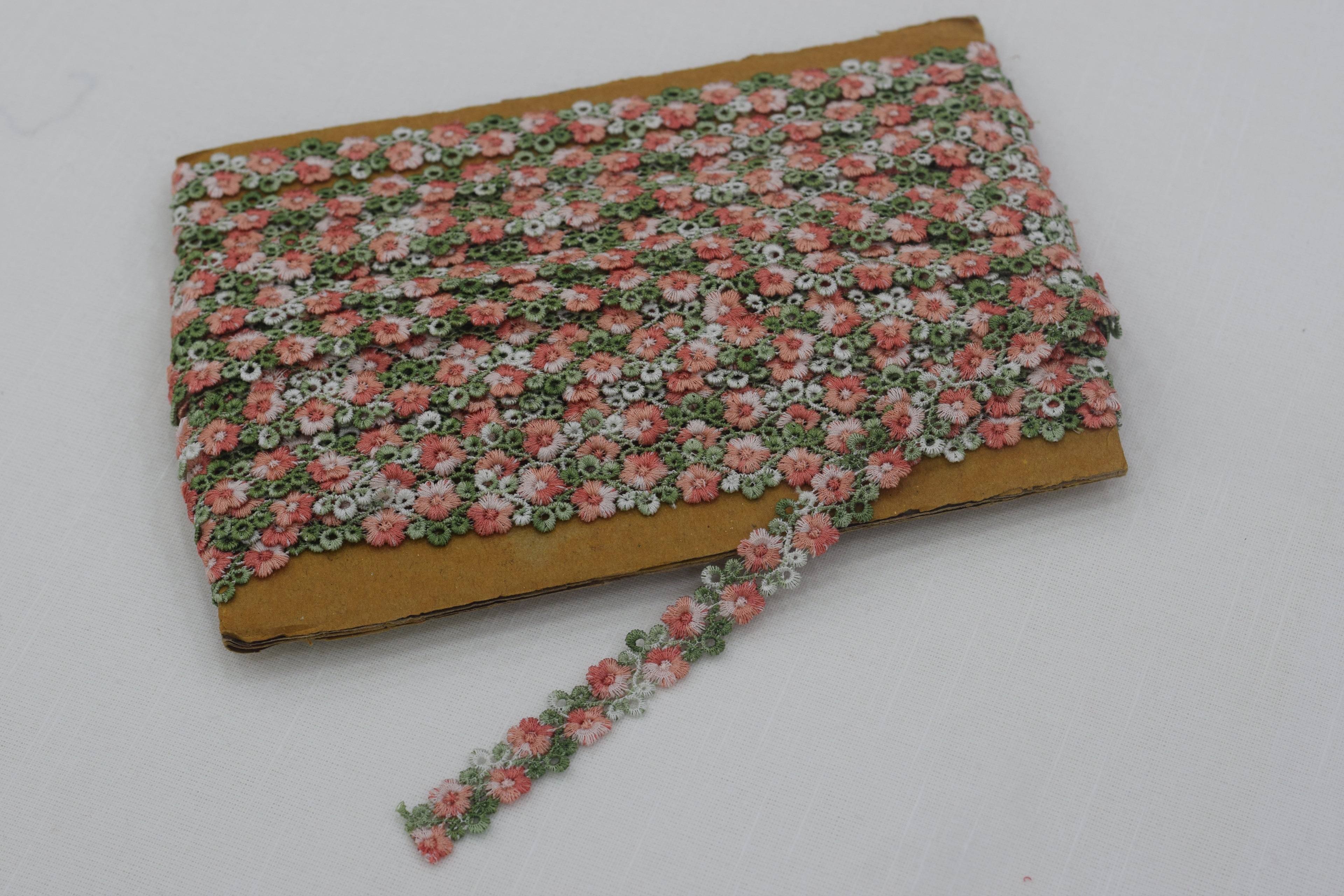 Imported Floral Crochet Lace Trim – Peach & Green Embroidered Designer Border