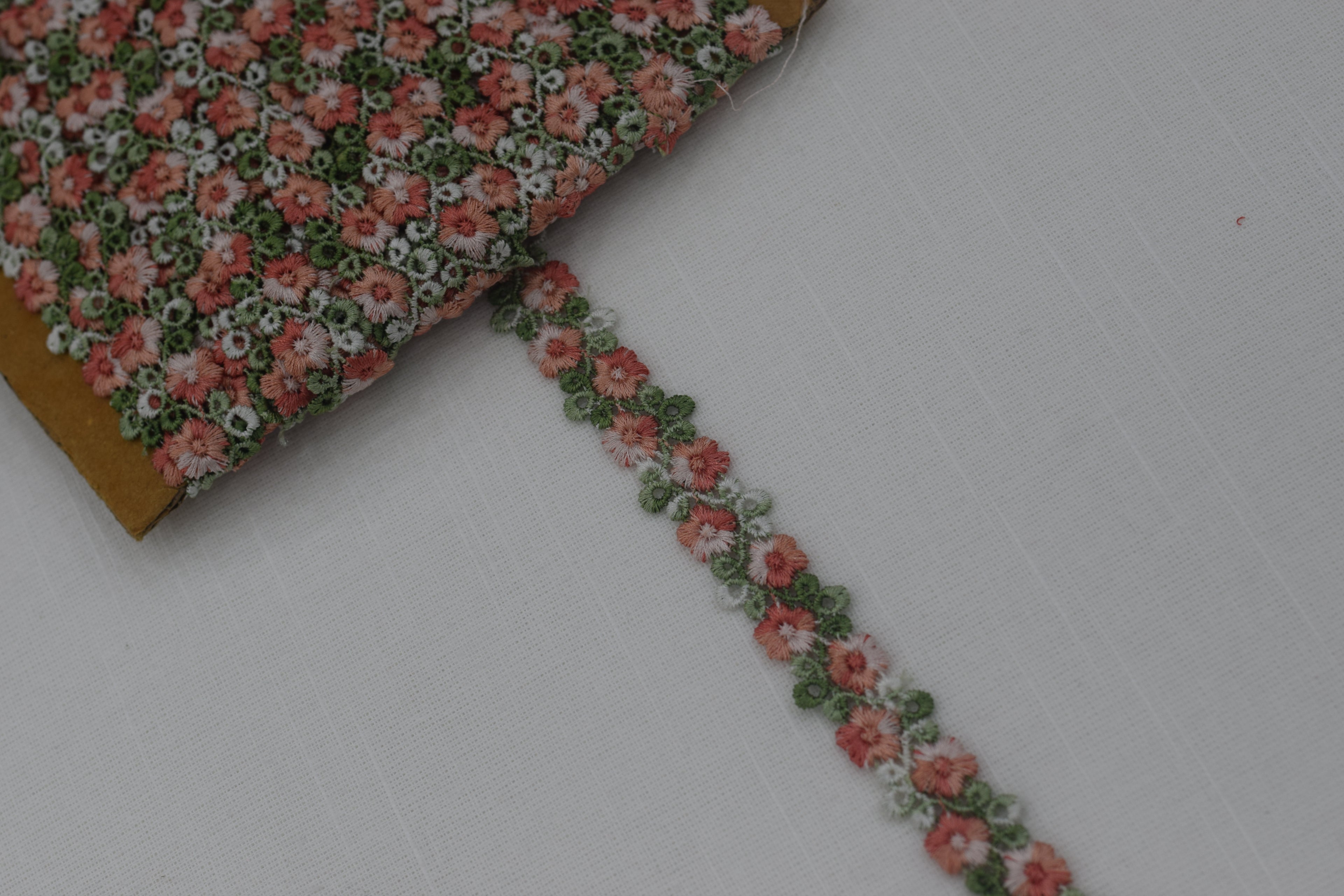 Imported Floral Crochet Lace Trim – Peach & Green Embroidered Designer Border