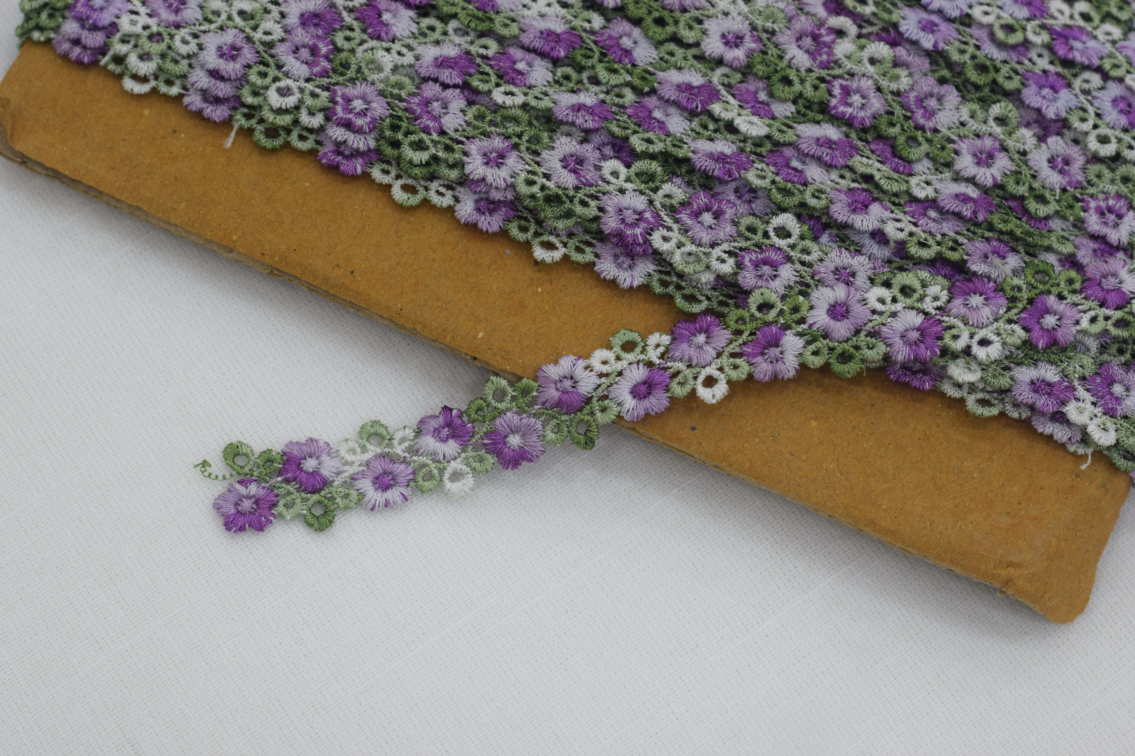 Imported Floral Embroidered Lace Trim – Purple & Green Daisy Design