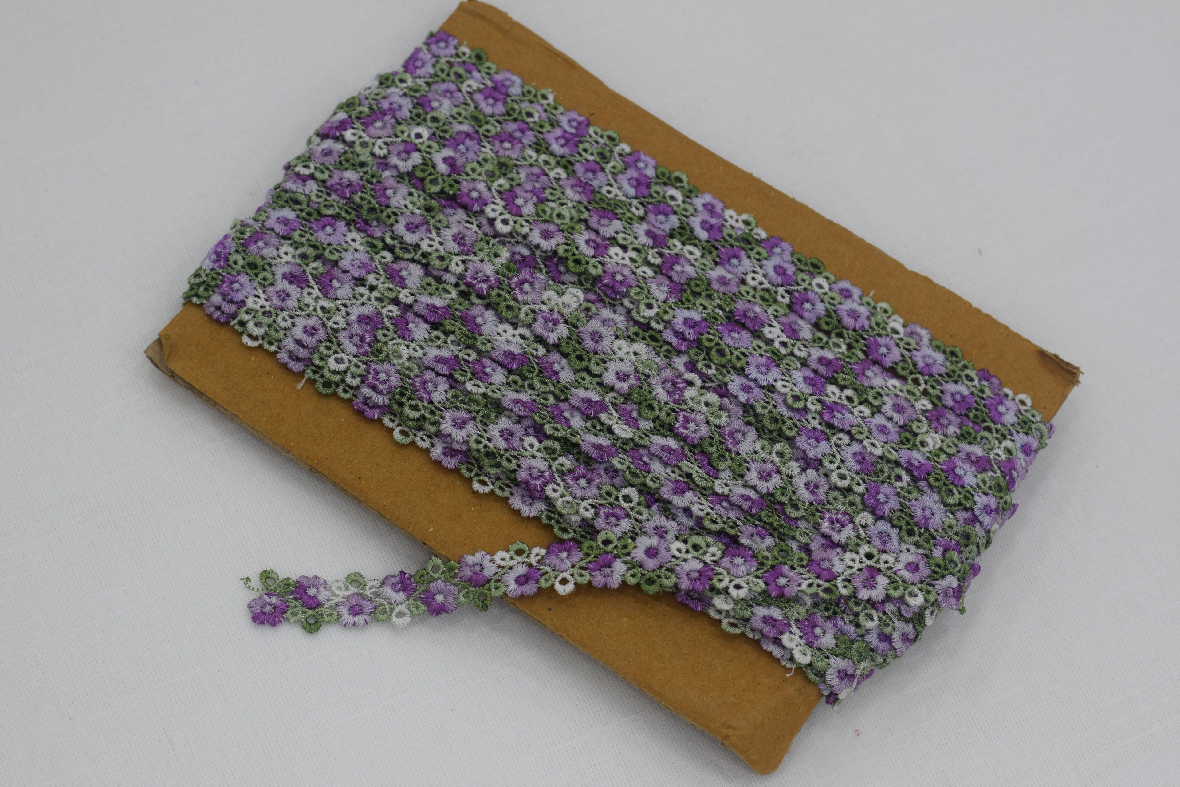 Imported Floral Embroidered Lace Trim – Purple & Green Daisy Design