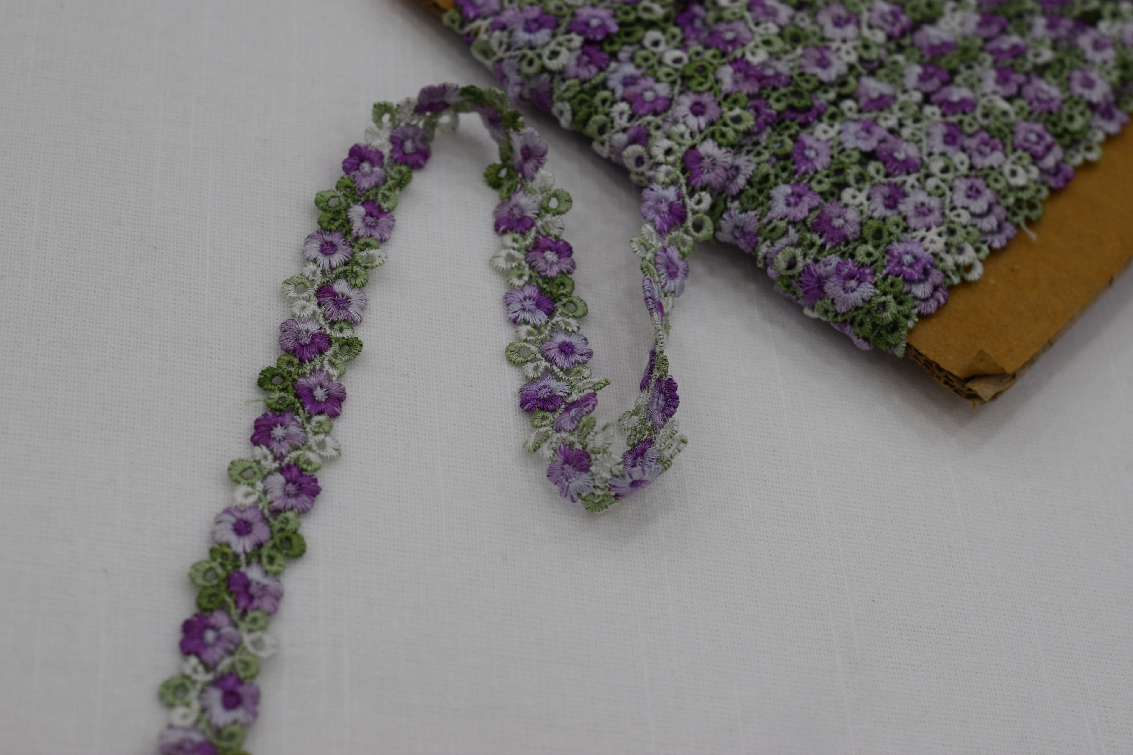 Imported Floral Embroidered Lace Trim – Purple & Green Daisy Design