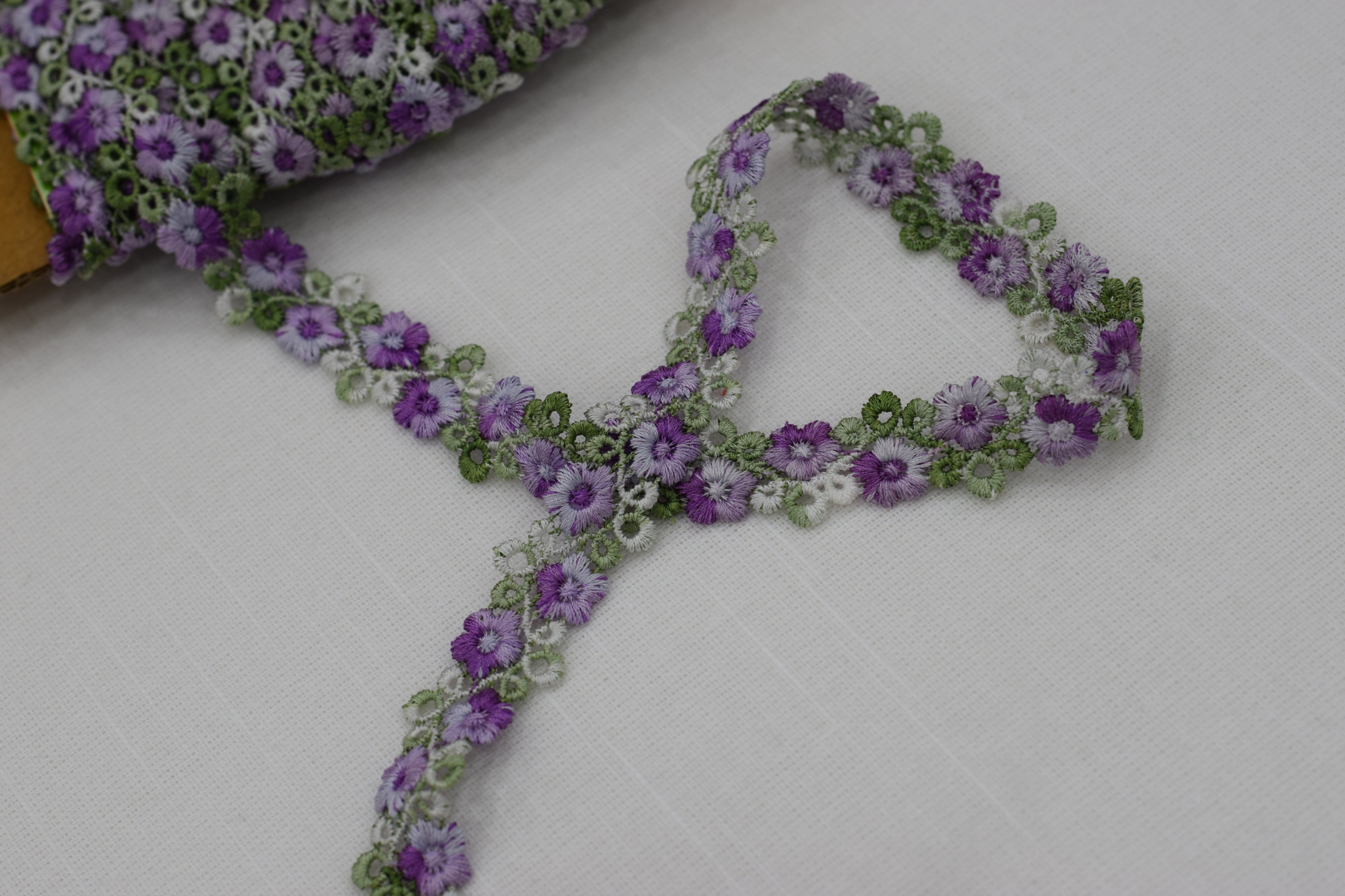 Imported Floral Embroidered Lace Trim – Purple & Green Daisy Design