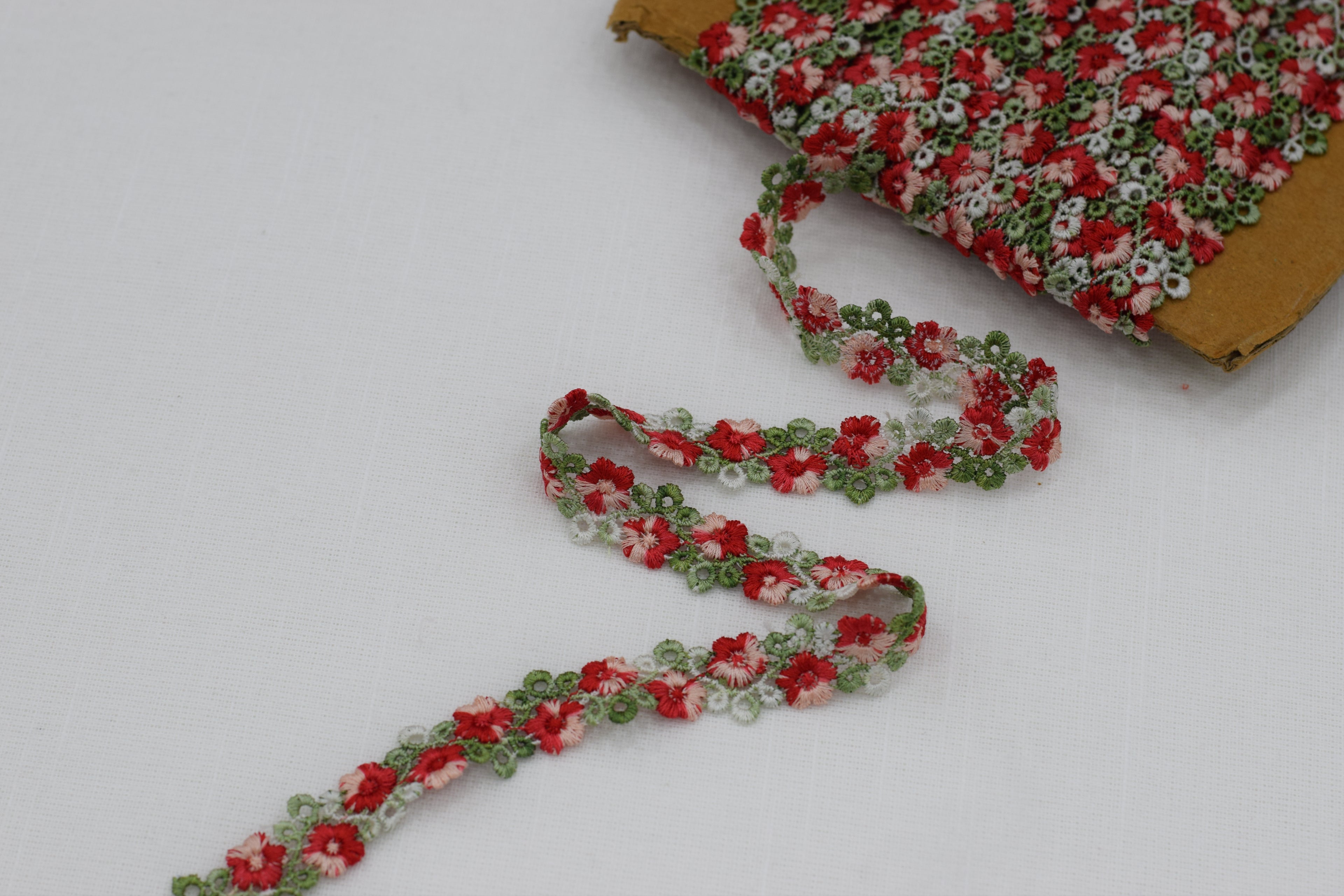 Imported Floral Embroidered Lace Trim – Red & Green Designer Border