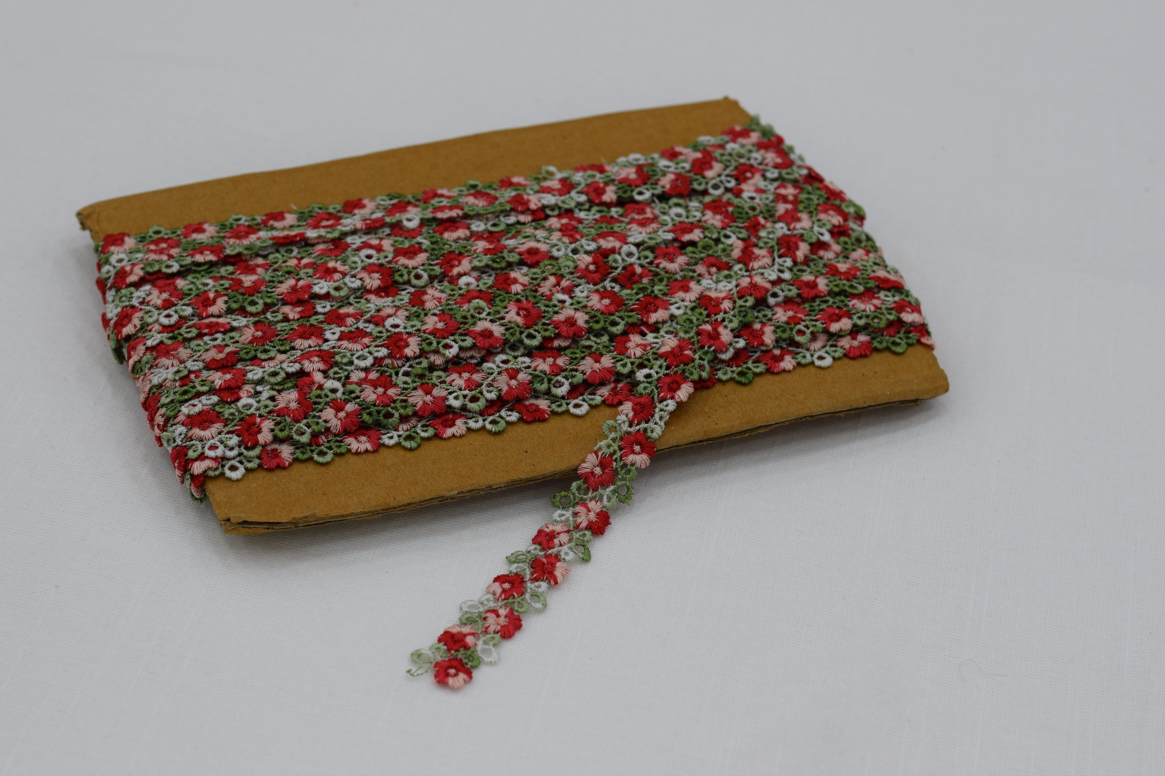 Imported Floral Embroidered Lace Trim – Red & Green Designer Border