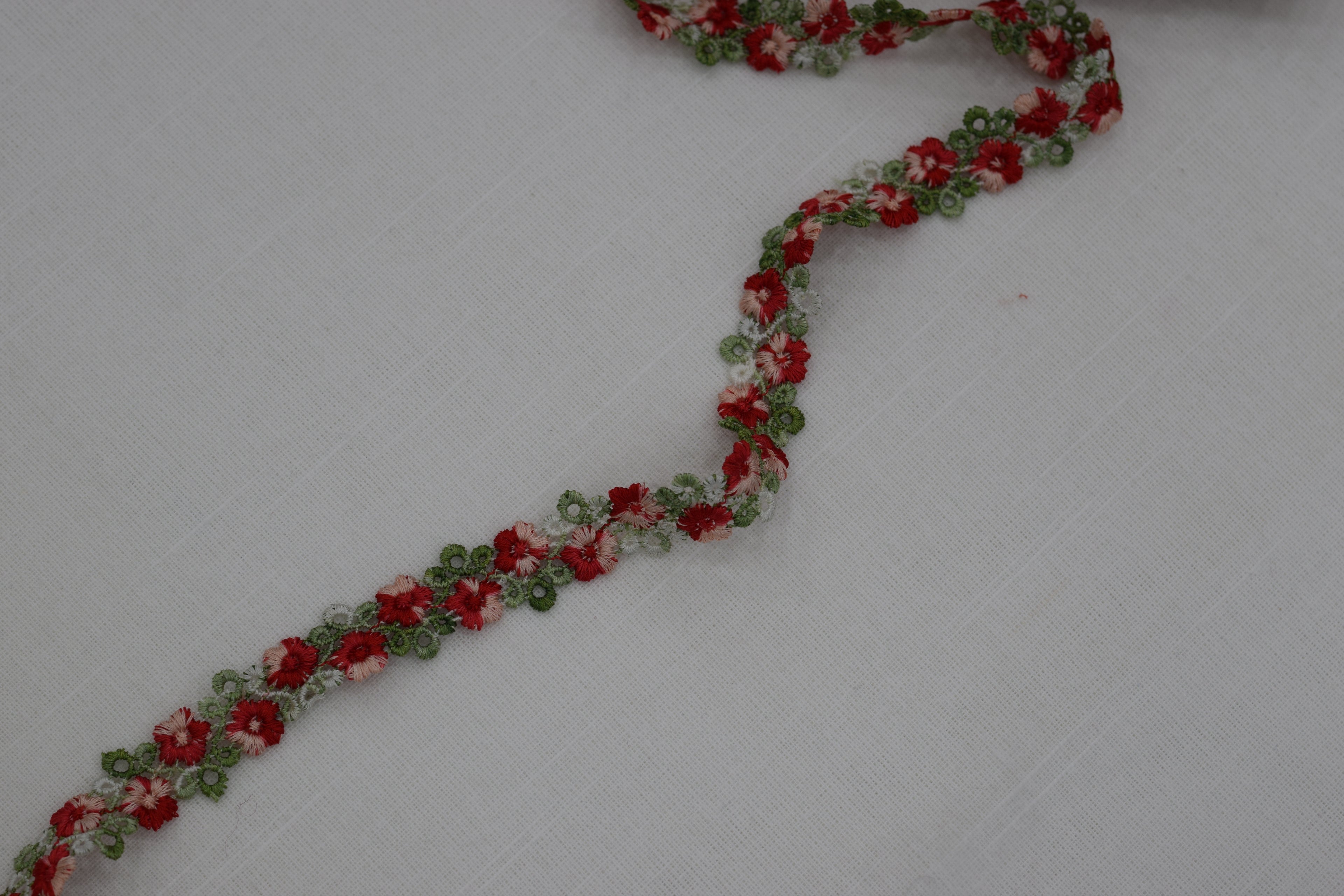 Imported Floral Embroidered Lace Trim – Red & Green Designer Border