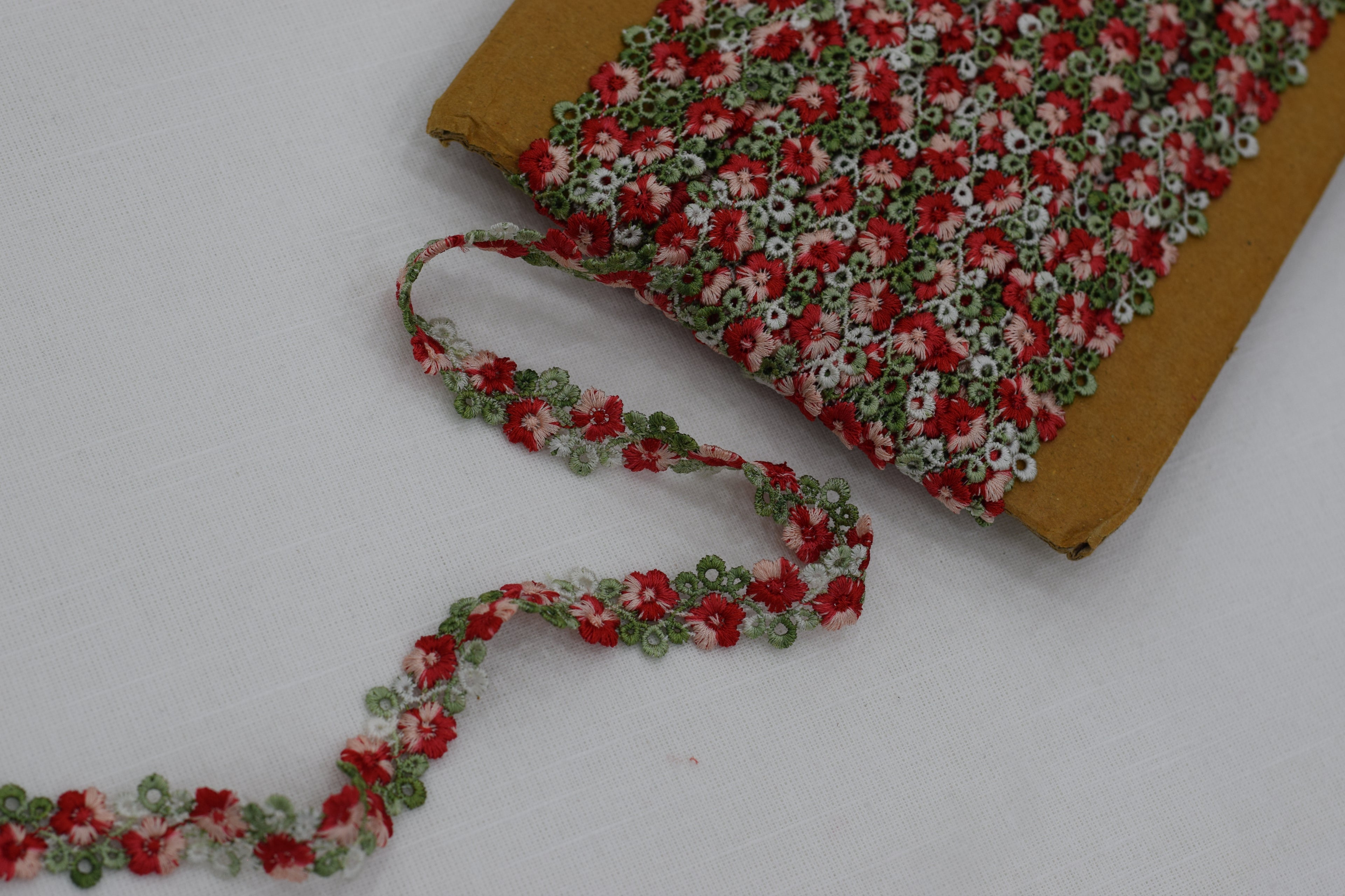 Imported Floral Embroidered Lace Trim – Red & Green Designer Border