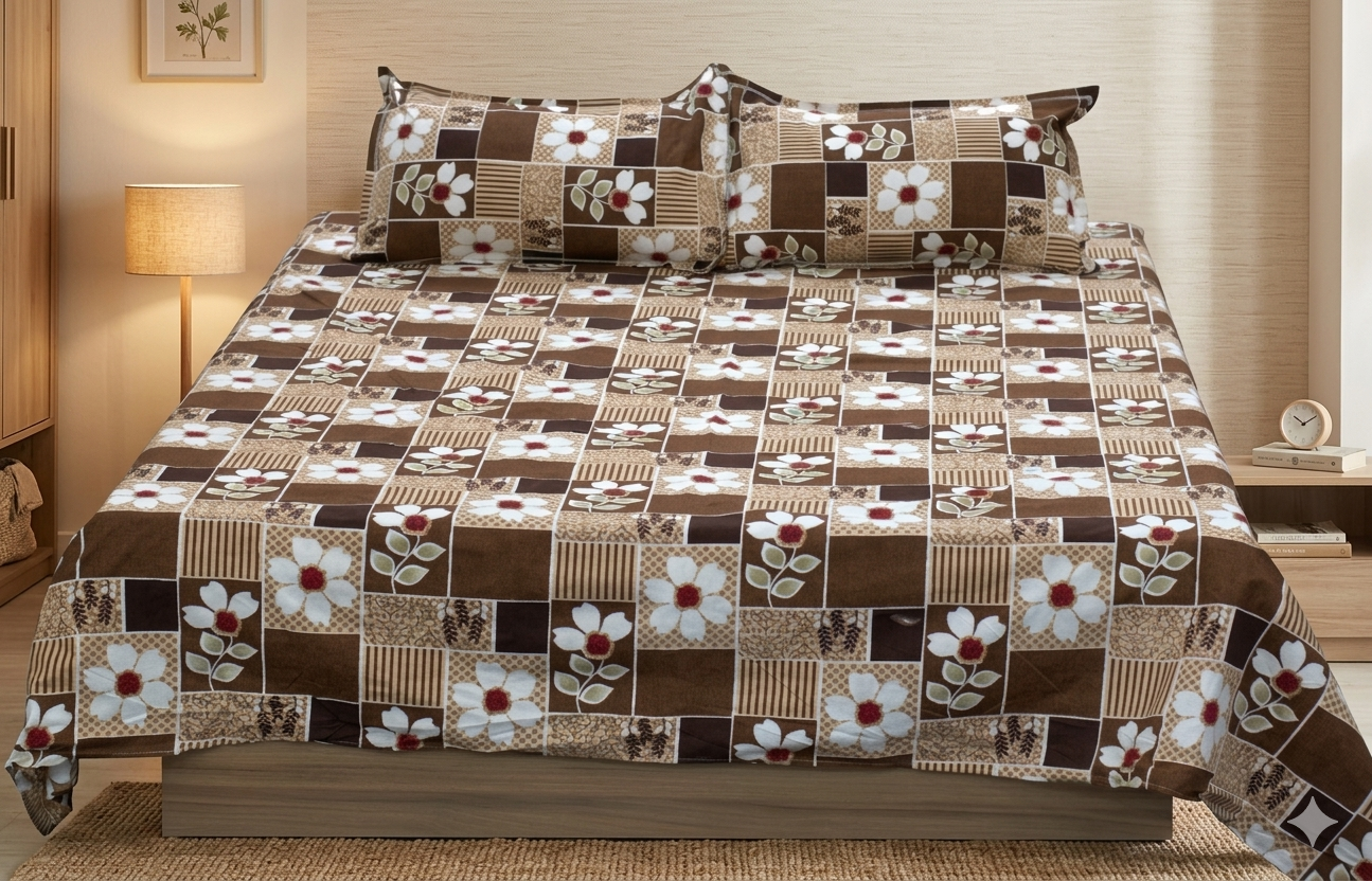 Soft Feel Blend Bedsheet 225x250 cm – Brown Floral Patchwork Design with Pillow Covers