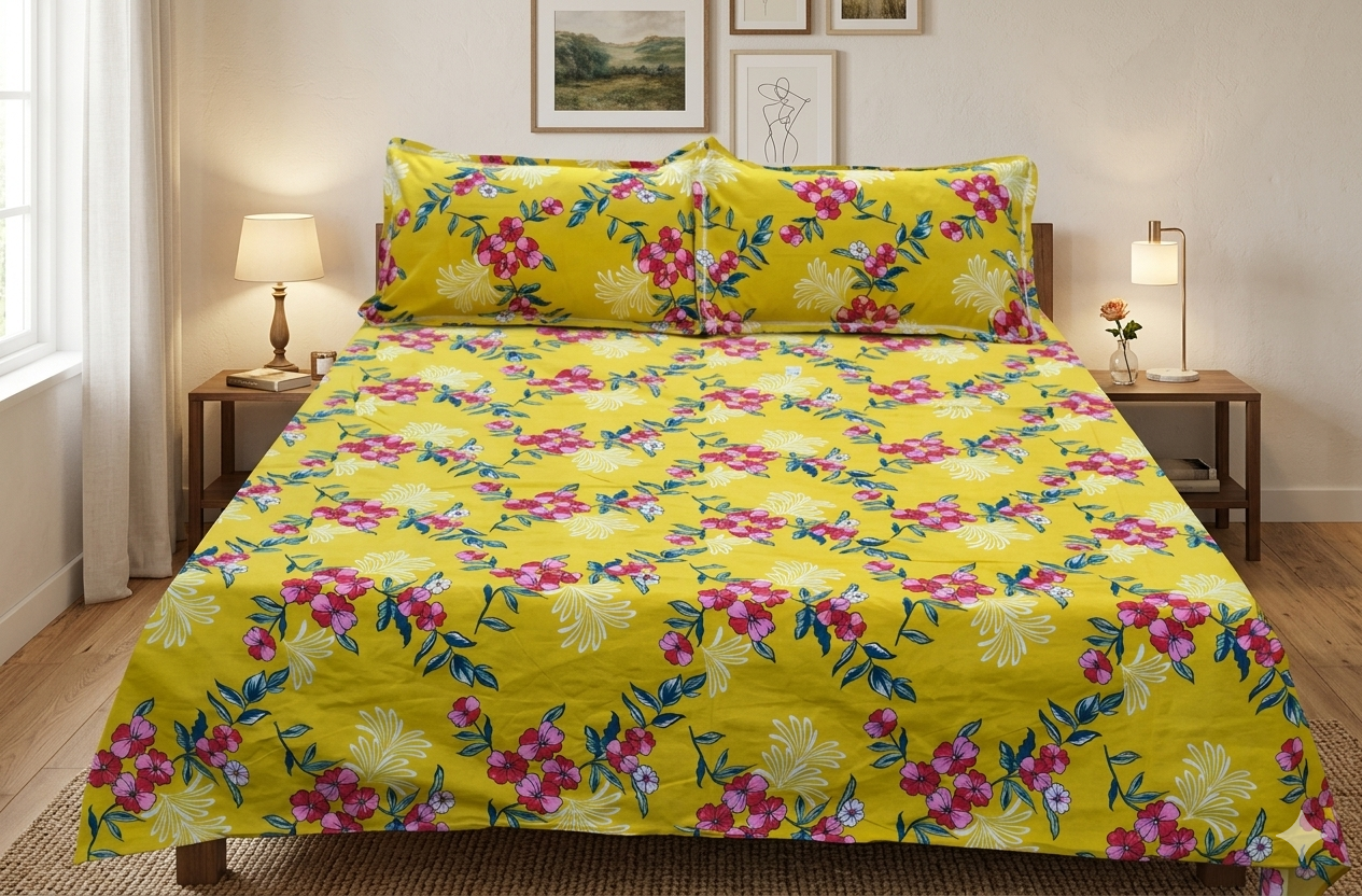 Soft Feel Floral Print Bed Sheet Set – Yellow (225 x 250 cm)