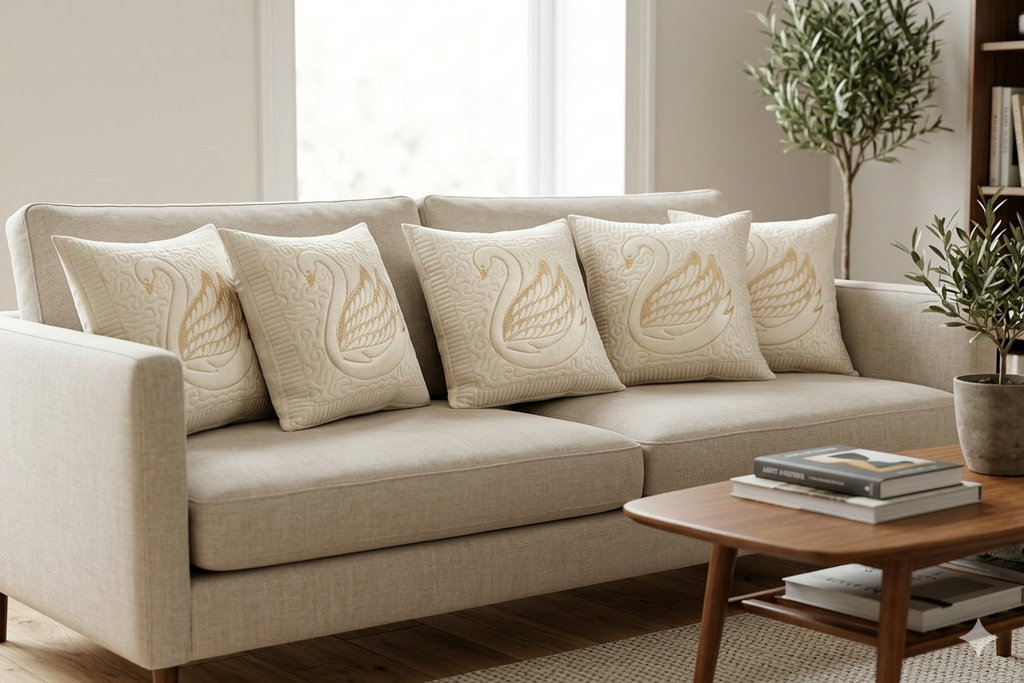 Swan Embossed Cushion Cover Set - 16x16 Inches - Set of 5
