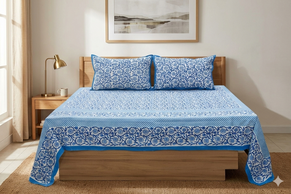 Blue Floral Printed Super King Size Bedsheet with 2 Pillow Covers - Main Product Image - Floral Printed - Nushio