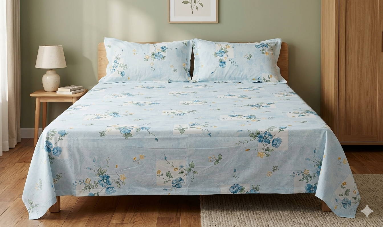 Queen Size Floral Cotton Bedsheet with 2 Pillow Covers – Soft Blue Printed Bed Sheet for Bedroom