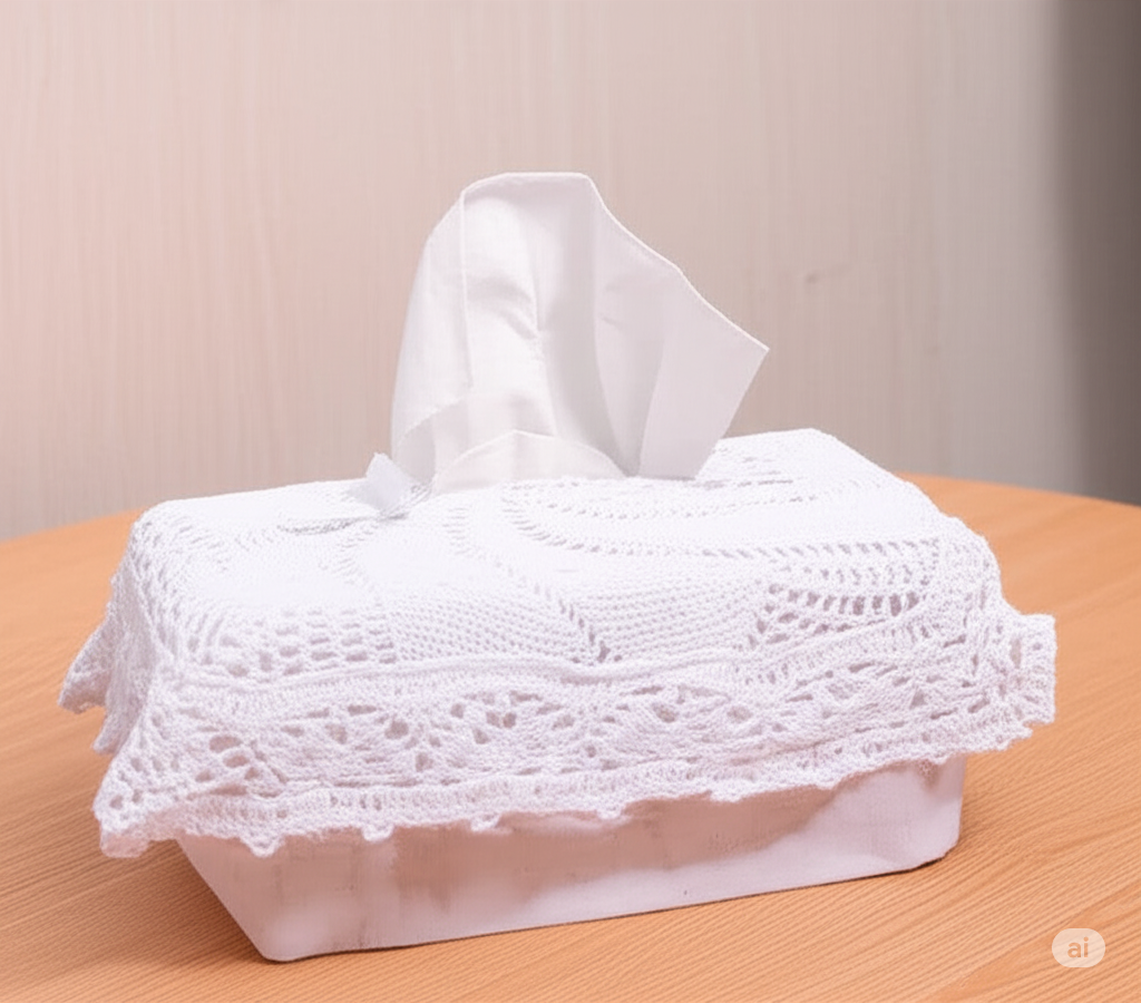Handmade White Crochet Tissue Box Cover - Lace Design - Detail View - Nushio
