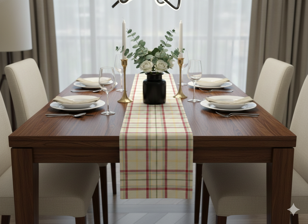 Checkered Table Runner - Cream & Red Plaid (180 × 35 cm) - Main Product Image - Nushio