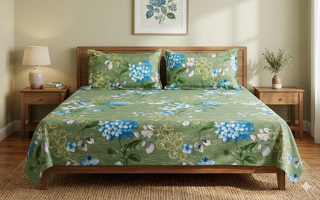 Soft Feel Floral Blend Bed Sheet Set (225 x 250 cm) – Green & Blue Print with Pillow Covers
