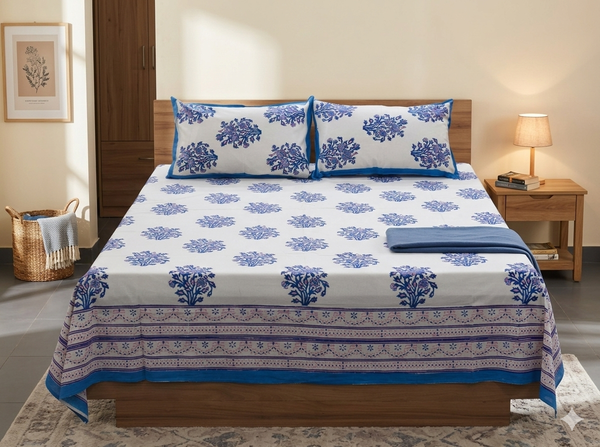 Blue Floral Print King Size Cotton Bedsheet with 2 Pillow Covers - Main Product Image - Cotton Floral - Nushio