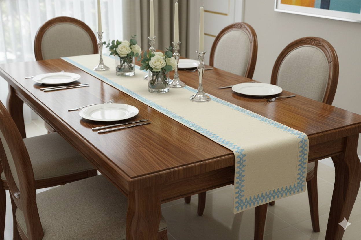 Beige Table Runner with Blue Embroidered Border - Main Product Image - Embroidered - Nushio