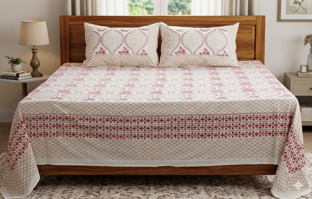 Premium Super King Size Cotton Bedsheet with 2 Pillow Covers – Beige &amp; Red Floral Printed Bed Sheet